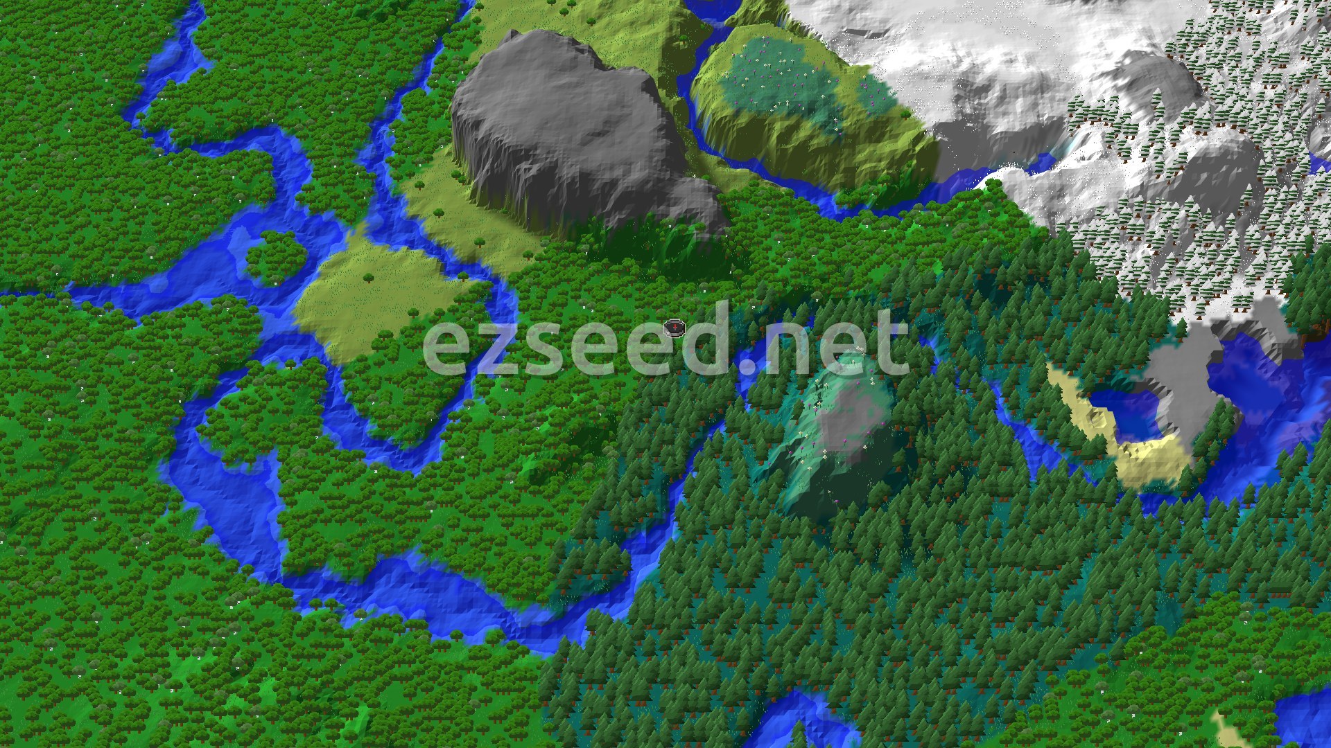 A bird's eye view of a varied forest landscape with gentle hills, a winding river, and patches of open meadow under a clear sky.