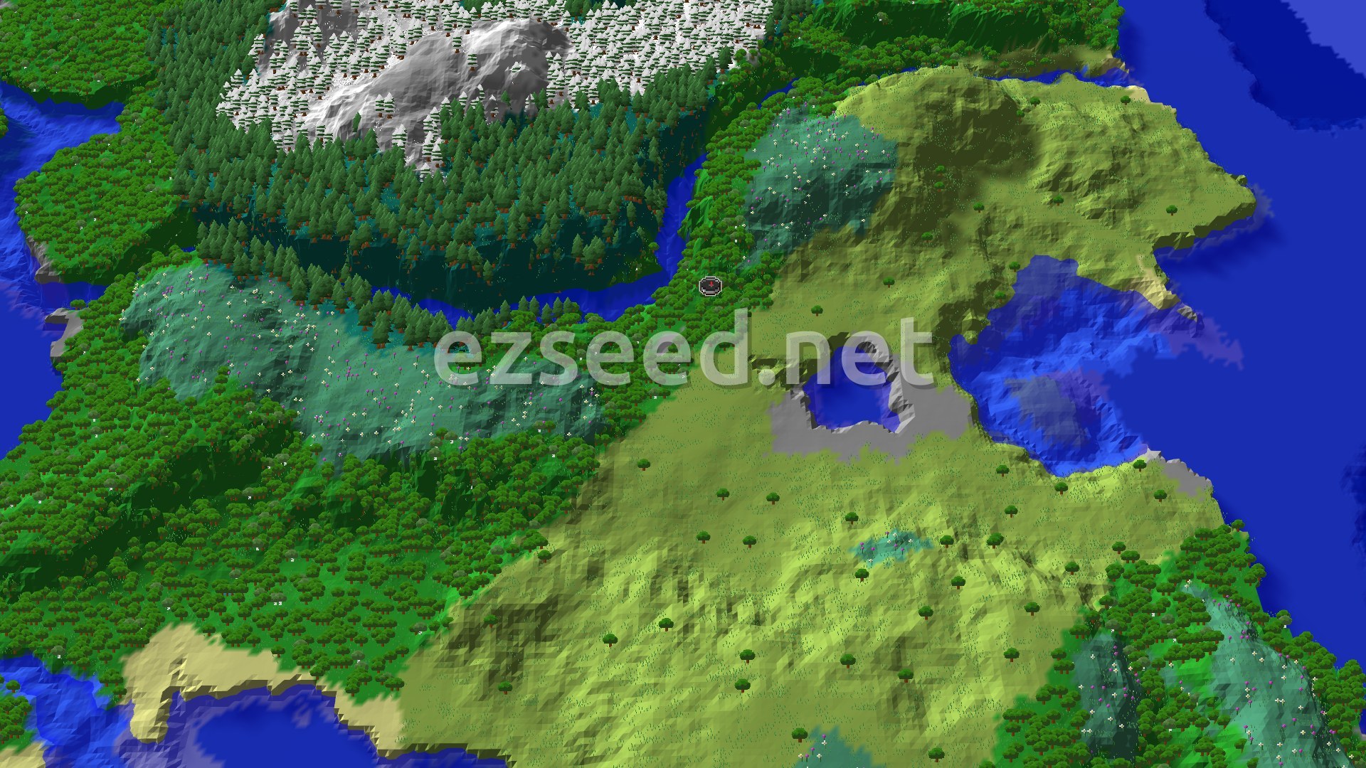 An aerial view of a varied landscape, showing a dense forest surrounding a river, leading to open plains and distant snowy mountains, with a small spawn marker in the forest.