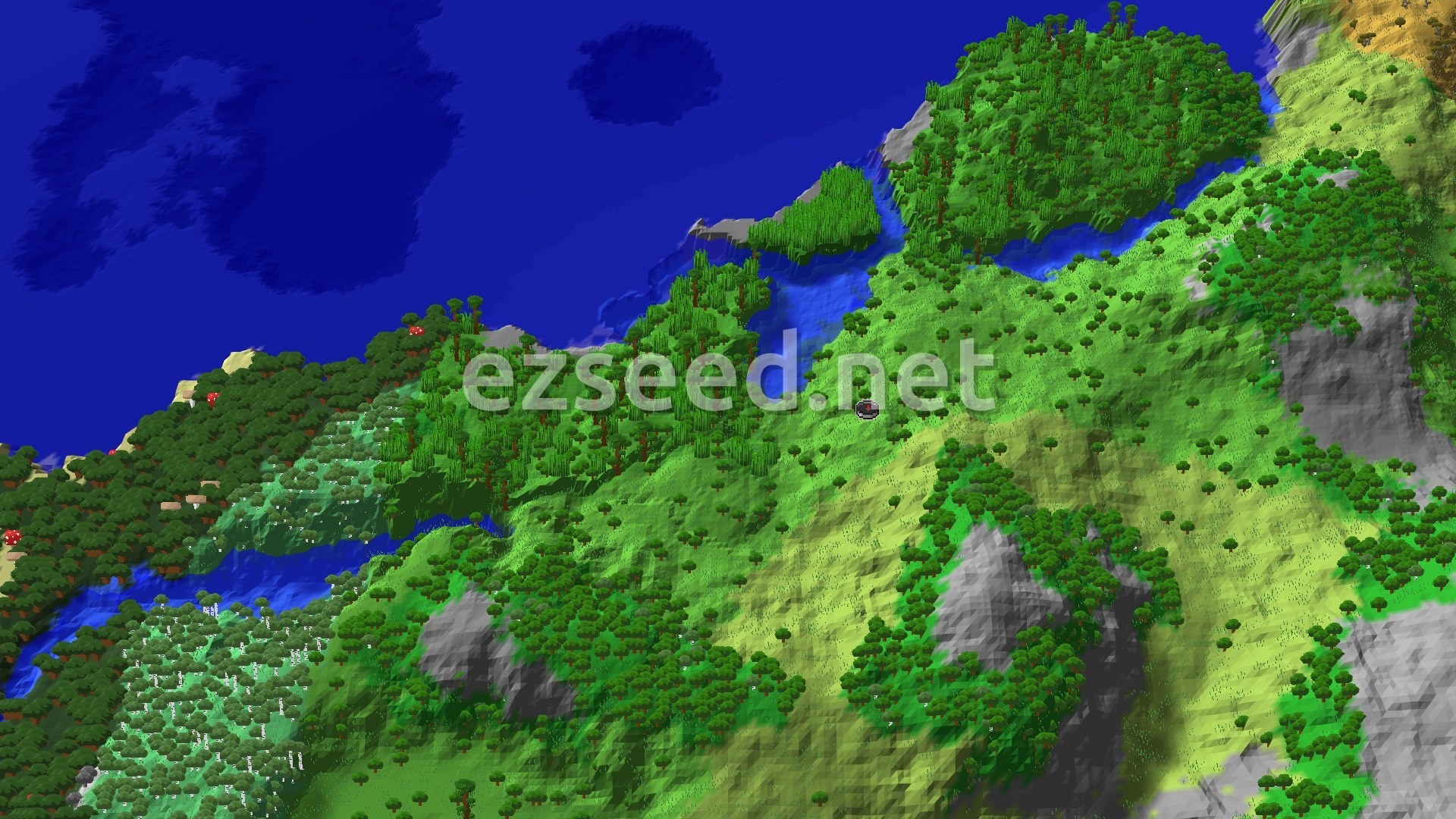 An aerial view of a vibrant Minecraft landscape featuring lush green forests, winding rivers, and a deep blue ocean.