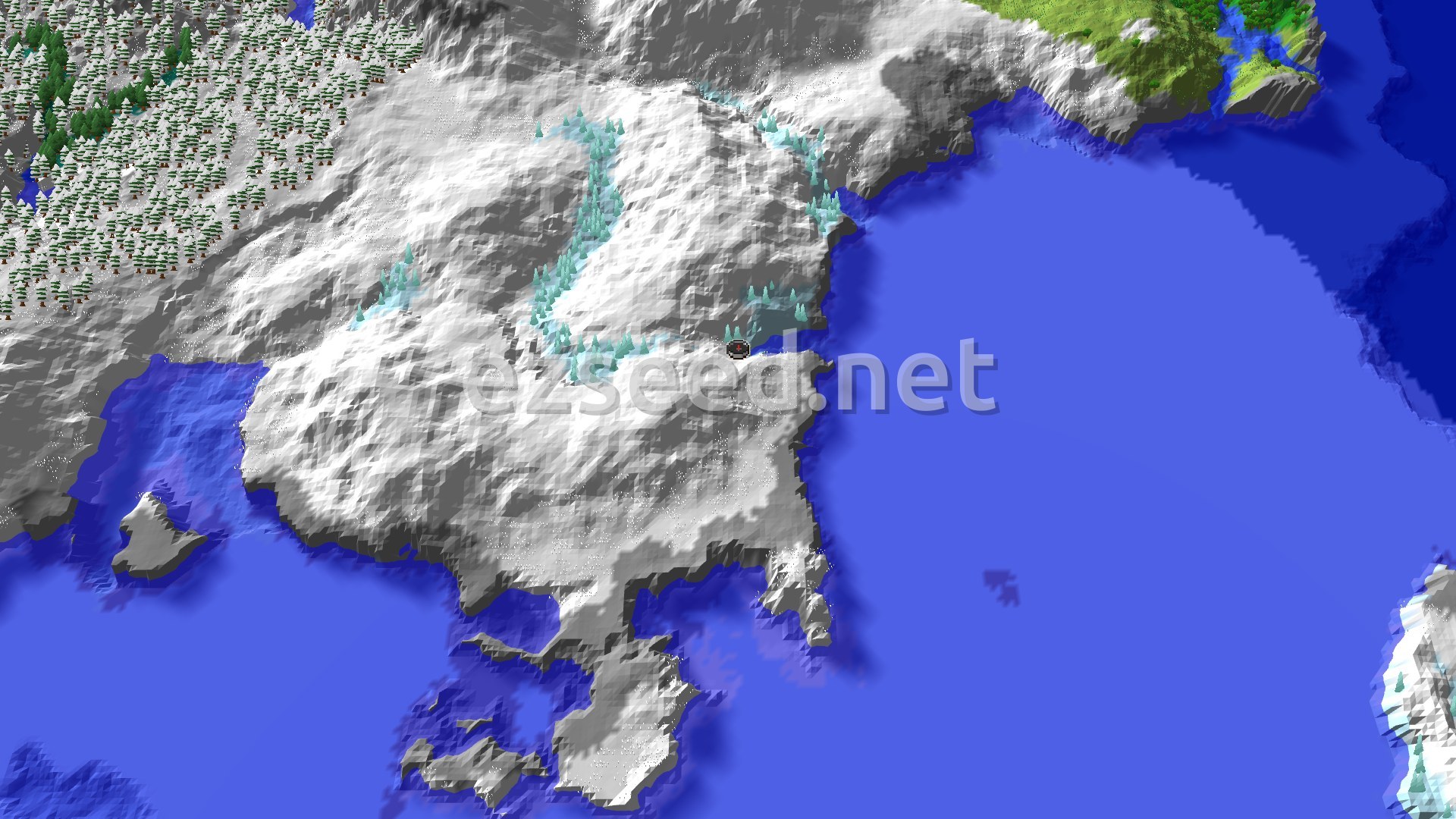 Aerial Minecraft seed map — Ancient City Near Spawn in a Snowy Landscape