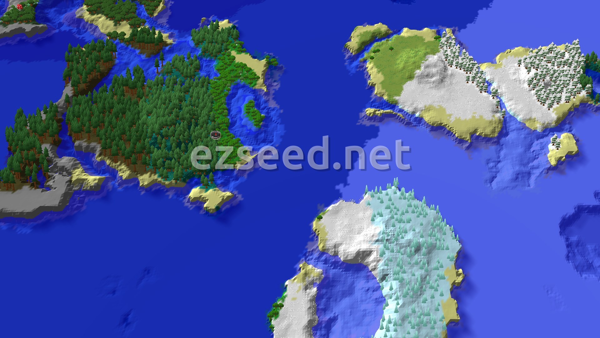 An overhead 3D render of a Minecraft world, showing a large forest island near the center-left, with a spawn marker. To the right are snow-capped mountains and a frozen taiga. A cold ocean surrounds the landmasses.