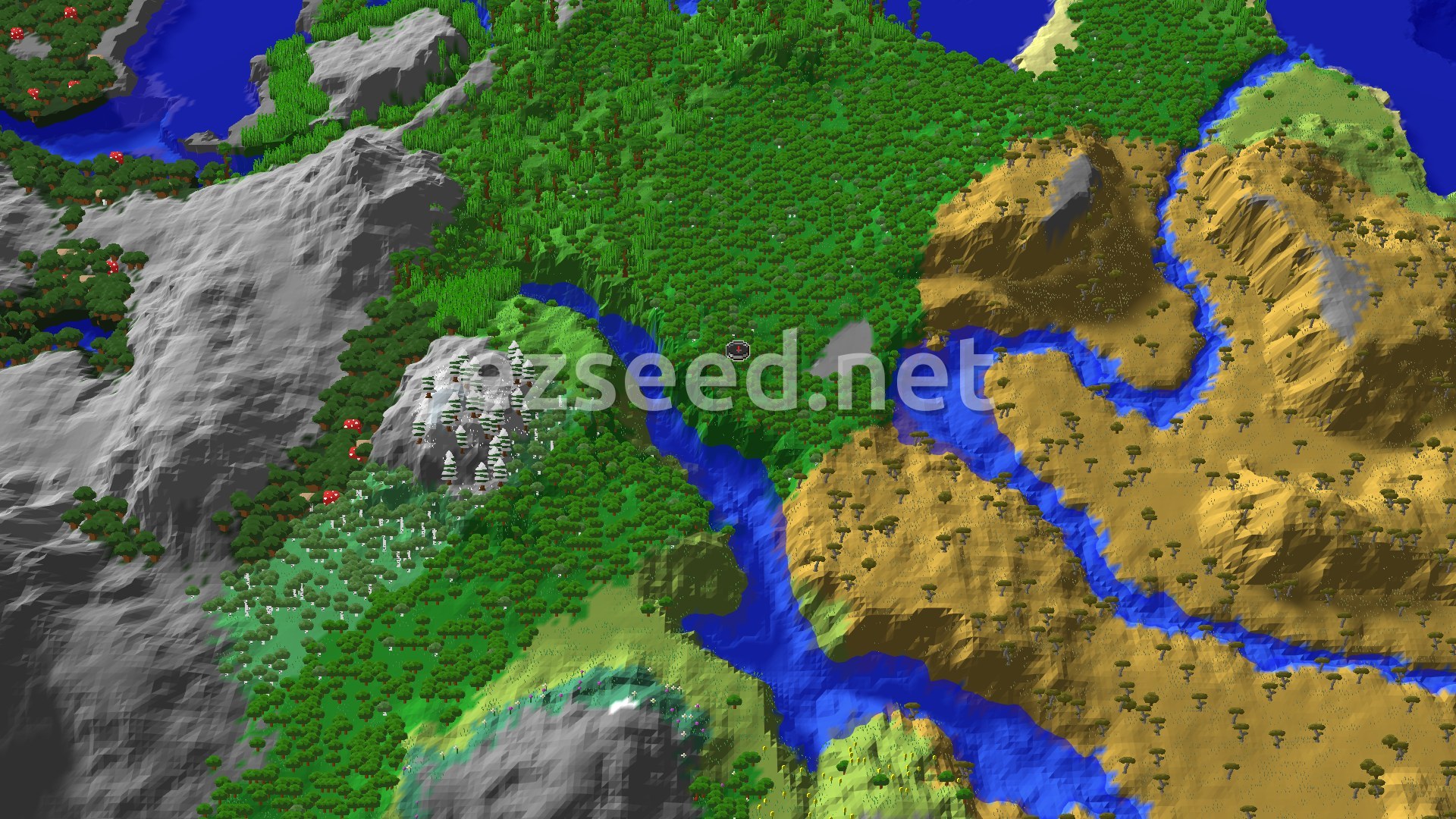 An aerial view of a forest with a central spawn marker, flanked by a river, mountains, and savanna terrain.