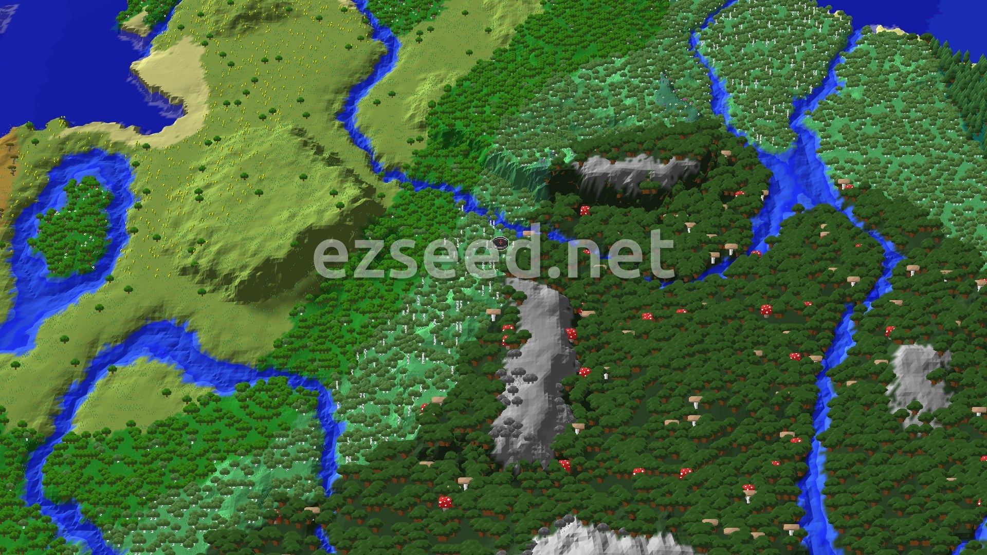An aerial view shows a dense forest landscape with a river winding through it, featuring patches of birch and darker trees, and a small marker indicating the spawn point.