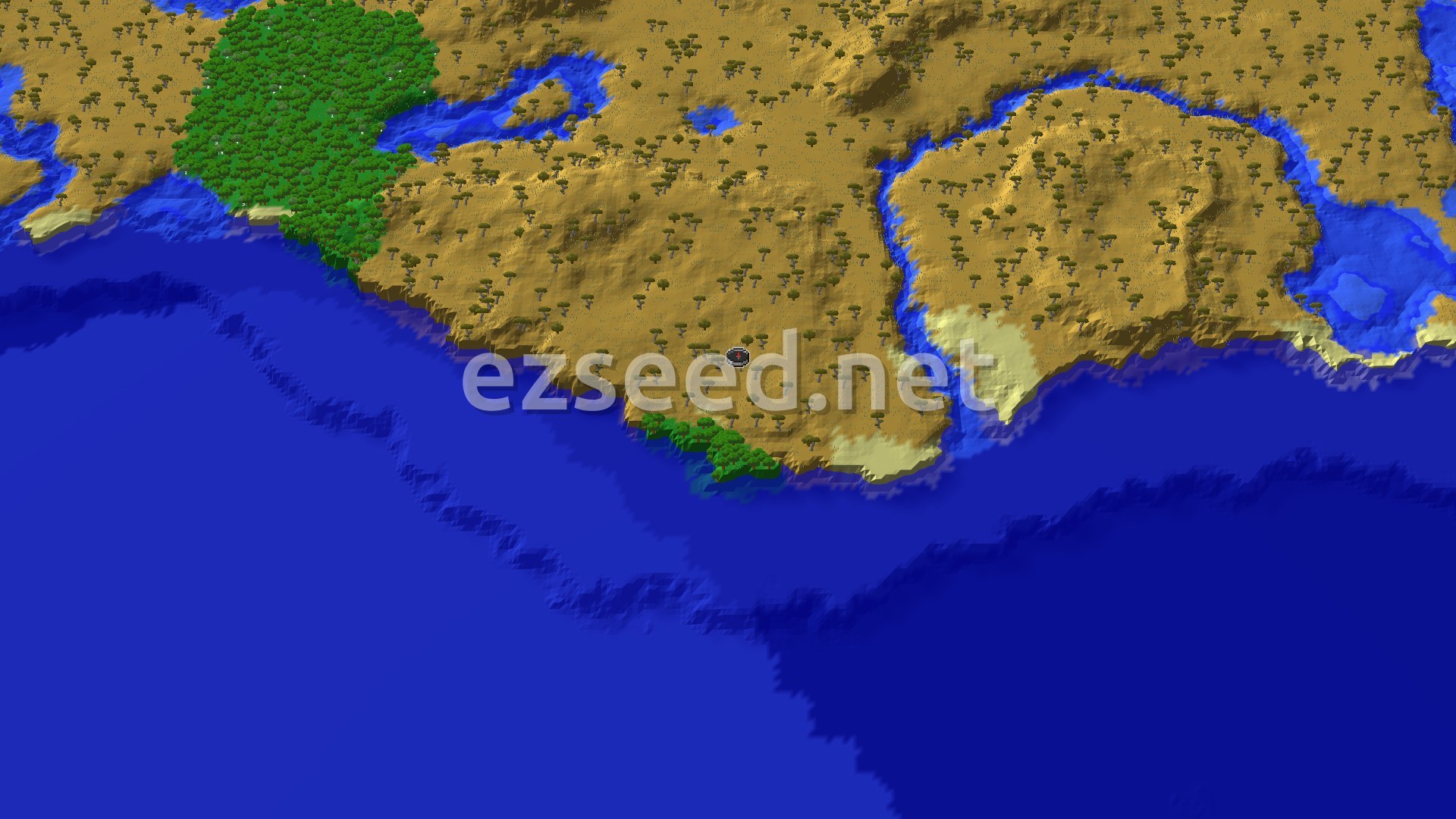 An aerial view shows a vast savanna dotted with acacia trees, bordering a deep blue ocean. A dense forest biome is visible to the west, with sandy beaches along the coast.
