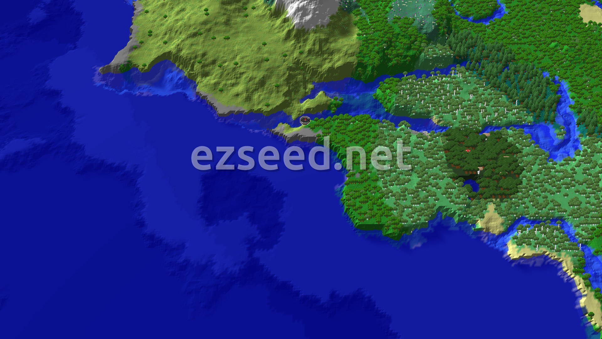 Aerial Minecraft seed map — Spawn on a Stony Shore, Ancient City Nearby
