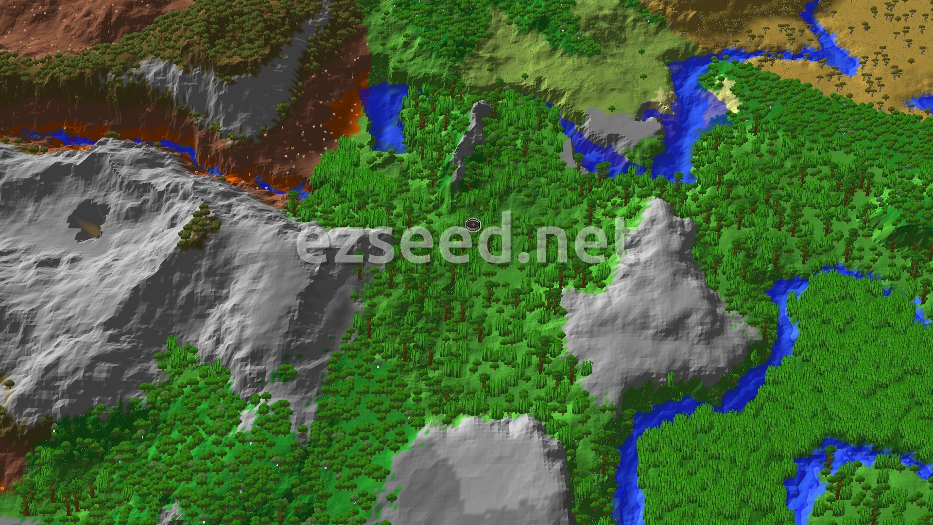 A 3D overhead view of a diverse landscape with a dense green jungle in the center, flanked by grey mountains and tan badlands, with blue rivers winding through it all. A small spawn marker is visible in the middle of the jungle.