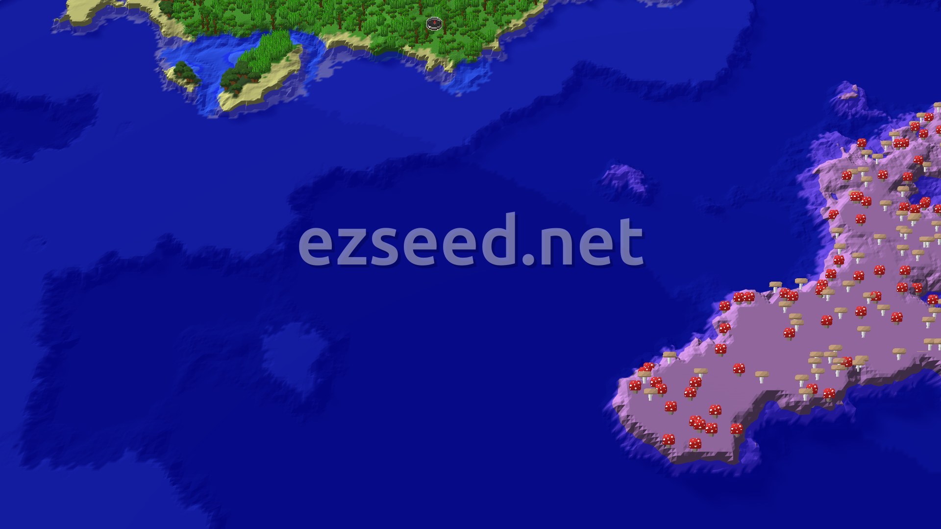 An aerial view showing a lush green jungle island with beaches, surrounded by deep blue ocean, and a large purple mushroom island to the southeast.