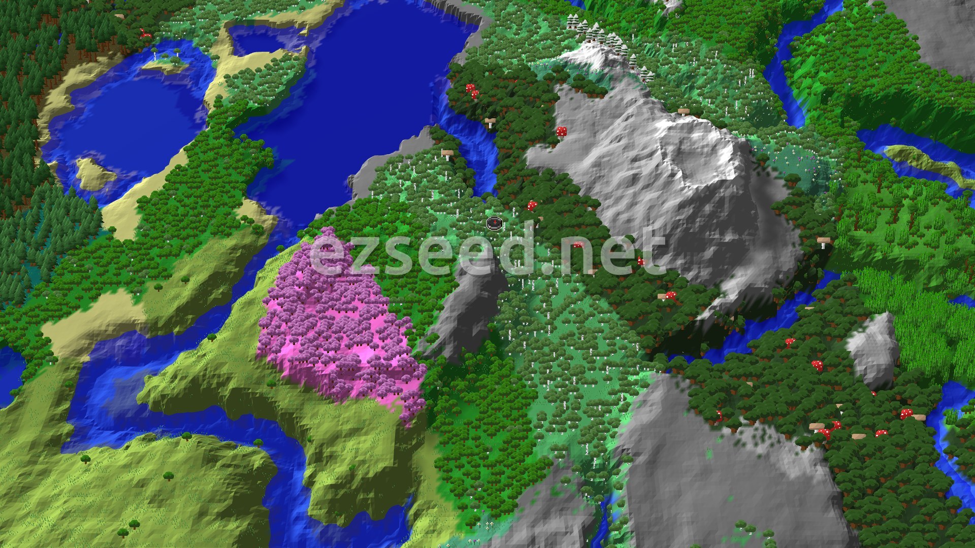 An aerial view of a varied landscape featuring a prominent pink Cherry Grove, numerous green forests, a large blue lake, and several white and grey mountains.