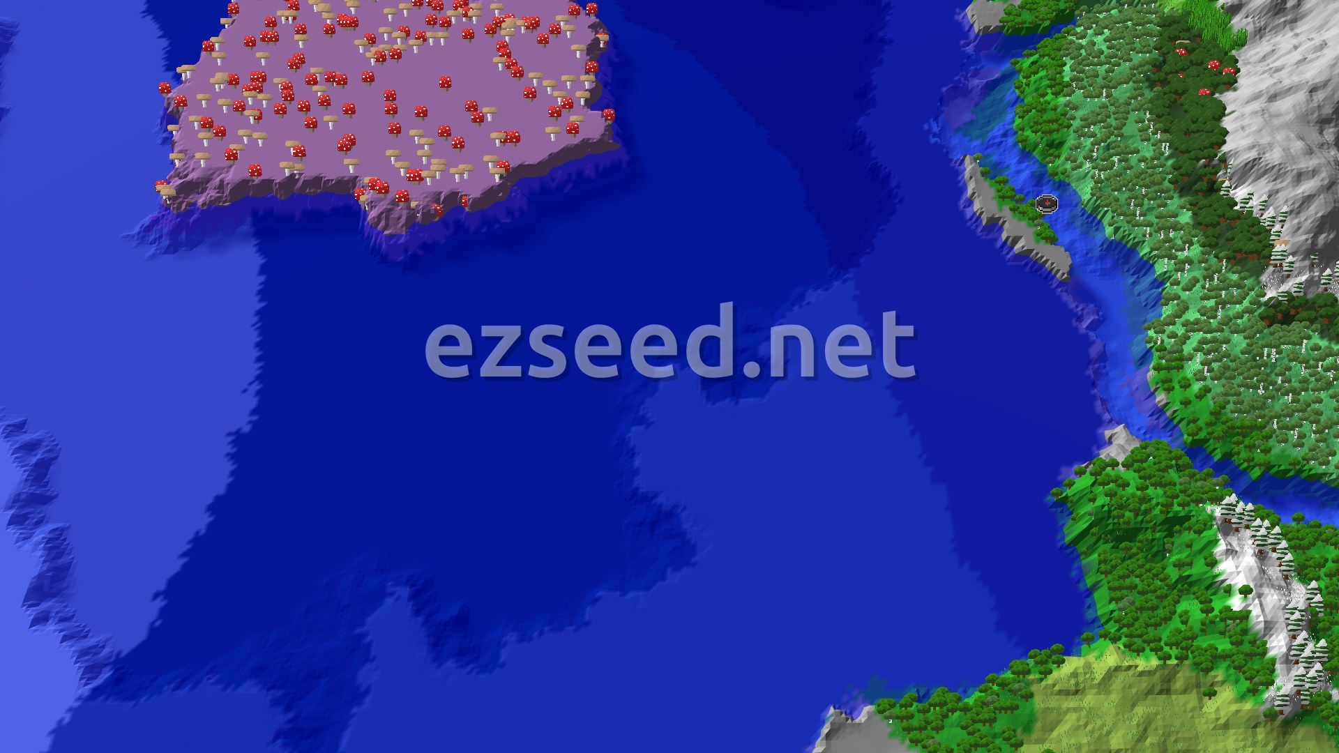 A 3D fly-over shows a mushroom fields island in a blue ocean, with a forest and snowy mountains on the mainland.