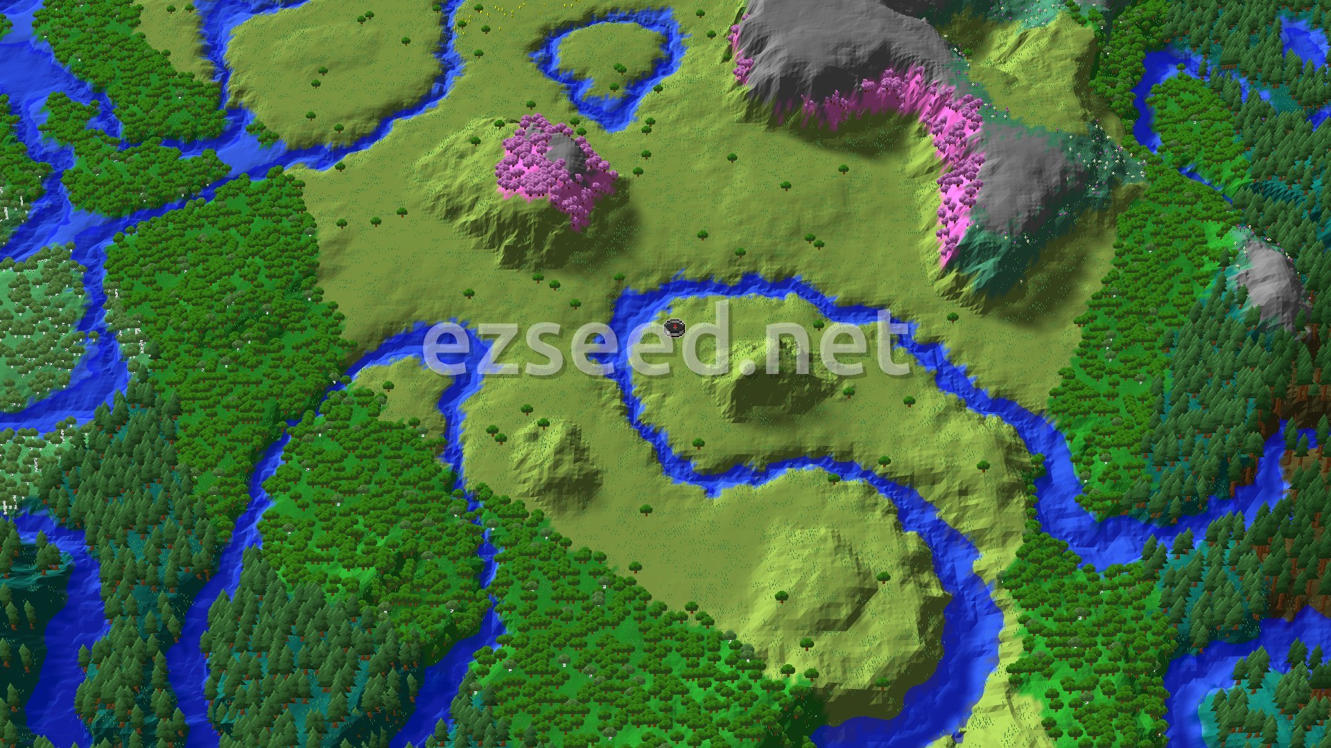 An overhead map view of mostly flat green plains with meandering blue rivers, bordered by dense forests and a small pink cherry grove hill.
