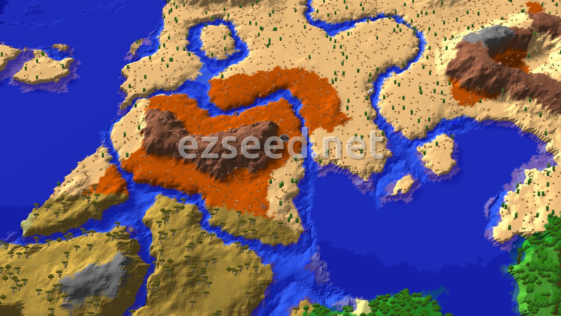 An aerial view of the spawn area, showing a vast expanse of desert and badlands terrain, with winding rivers and a large ocean. Green cacti dot the desert, while reddish-brown and orange hues define the badlands.