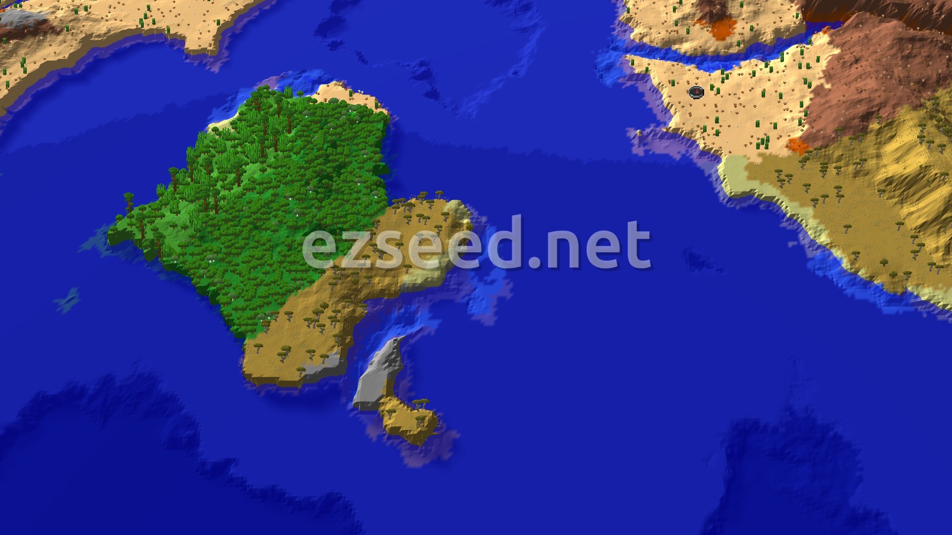 A bird's-eye view of a desert landscape with a large, dense jungle island in the foreground, surrounded by blue ocean.