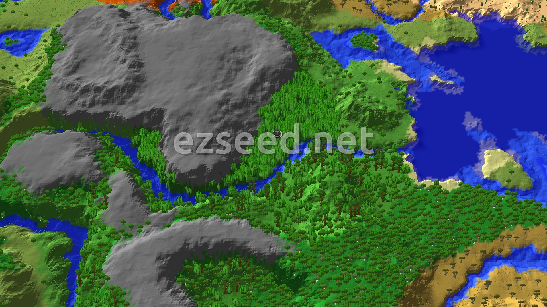 An aerial view shows a vast, grey mountain range to the west, with a winding river flowing through a lush green jungle and bamboo forest. To the east, a large blue ocean meets sandy shores and savanna, with a small spawn marker in the center of the jungle.