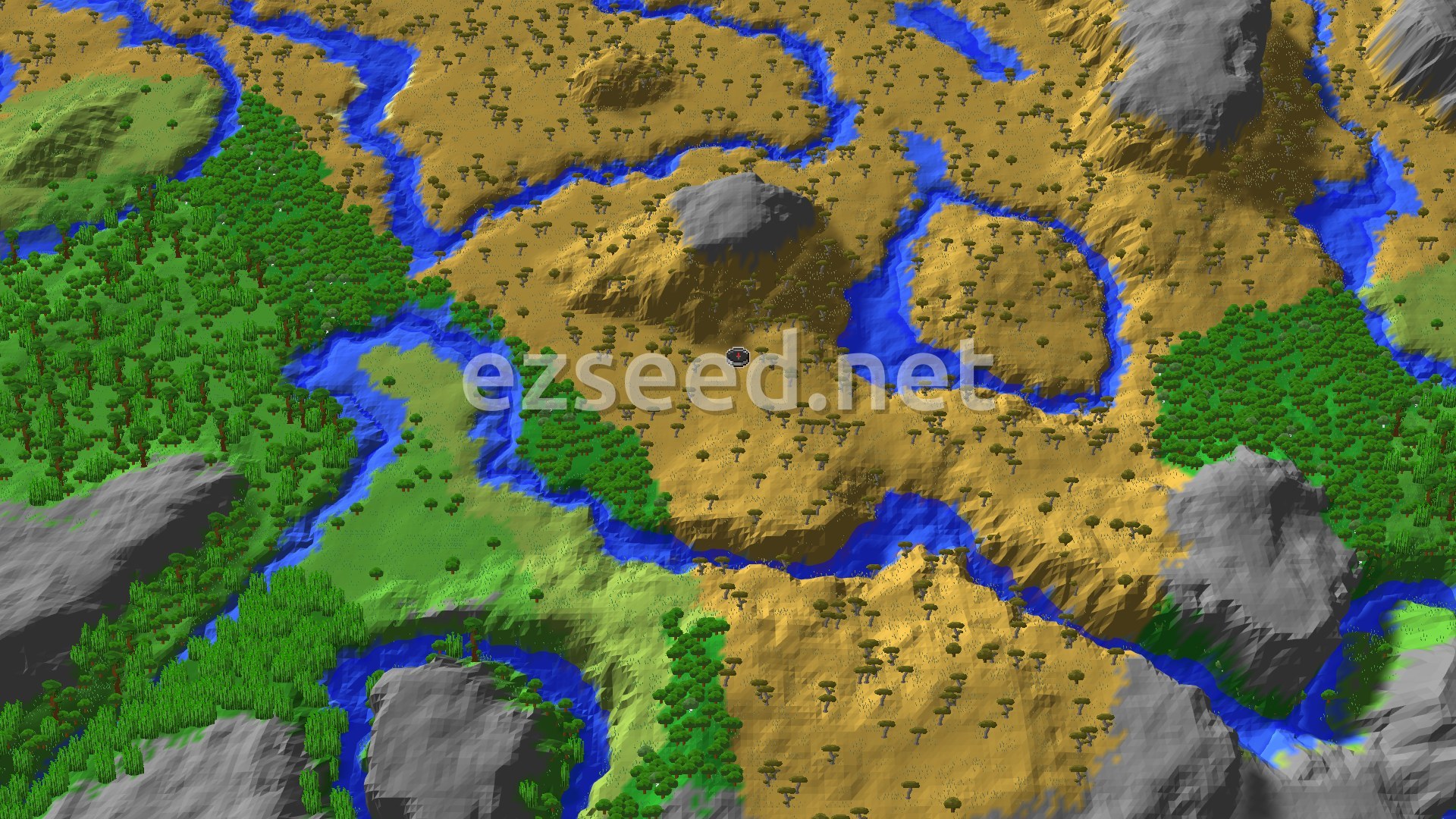 A bird's eye view of a savanna landscape with scattered acacia trees, winding rivers, and patches of forest and gray mountains. A small spawn marker is visible in the center.