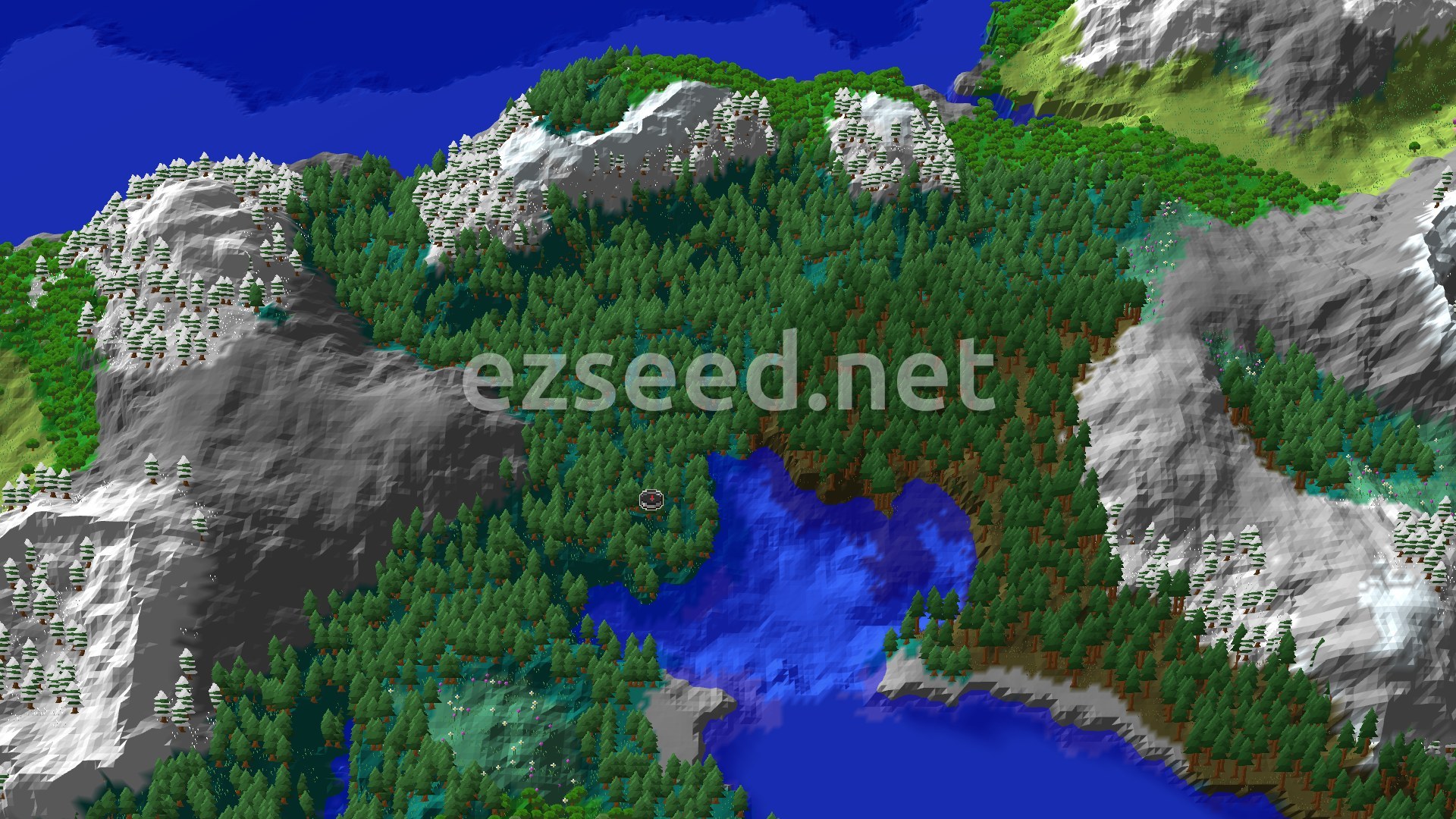 A 3D fly-over view of a forested, mountainous landscape with a lake and ocean visible. Snowy peaks are prominent, and the spawn marker is nestled within a dense taiga forest near a body of water.