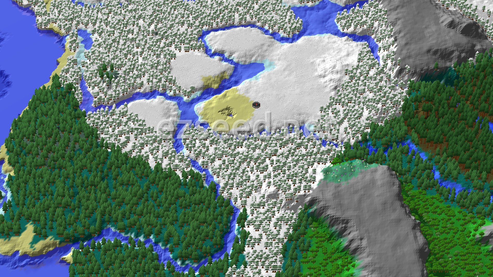A snowy plains landscape stretching out, marked by scattered trees and gentle hills, with a small marker at the center indicating the spawn point.