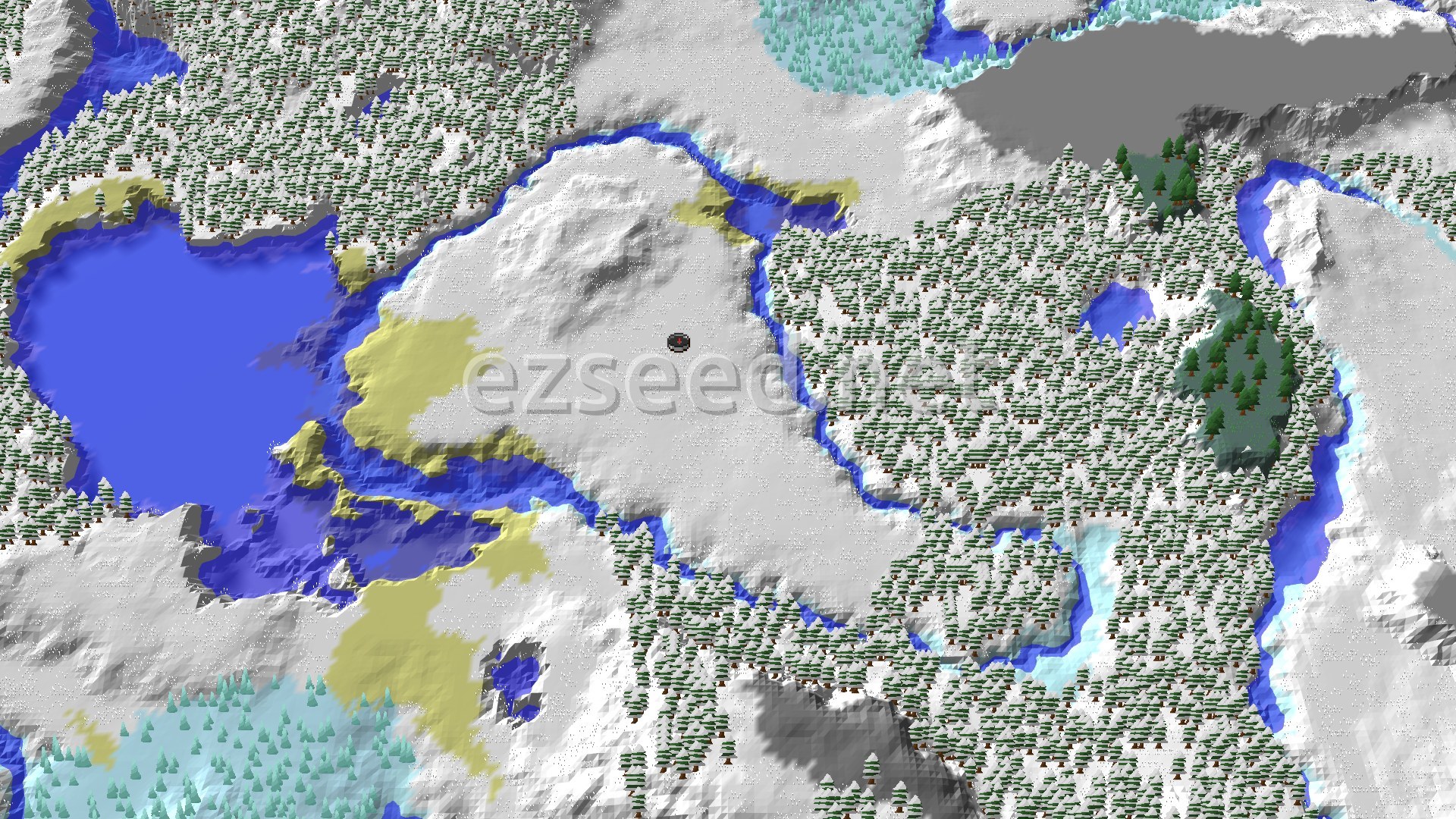A bird's-eye view of a snow-covered landscape, featuring plains, frozen rivers, and dense snowy taiga forests. A large body of water is visible to the west, bordered by snowy and yellow-toned shorelines.