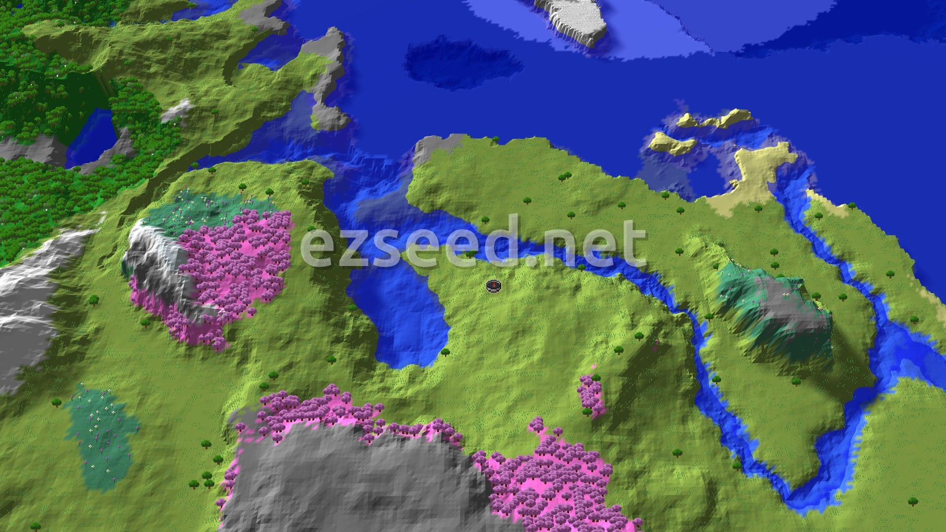 A 3D fly-over rendering of the spawn area, showing a green valley surrounded by higher terrain and diverse tree cover.