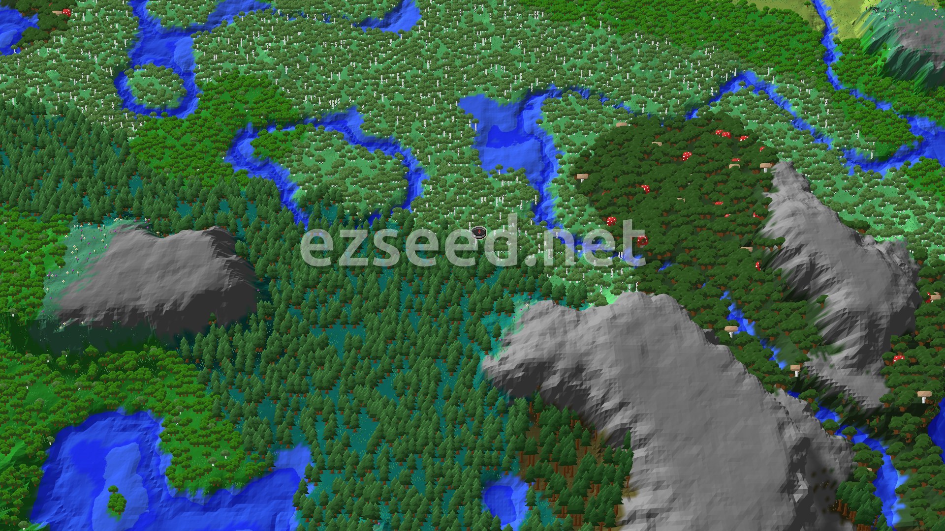 A 3D overhead view of a diverse forest landscape with rivers, hills, and a small spawn marker in the center.