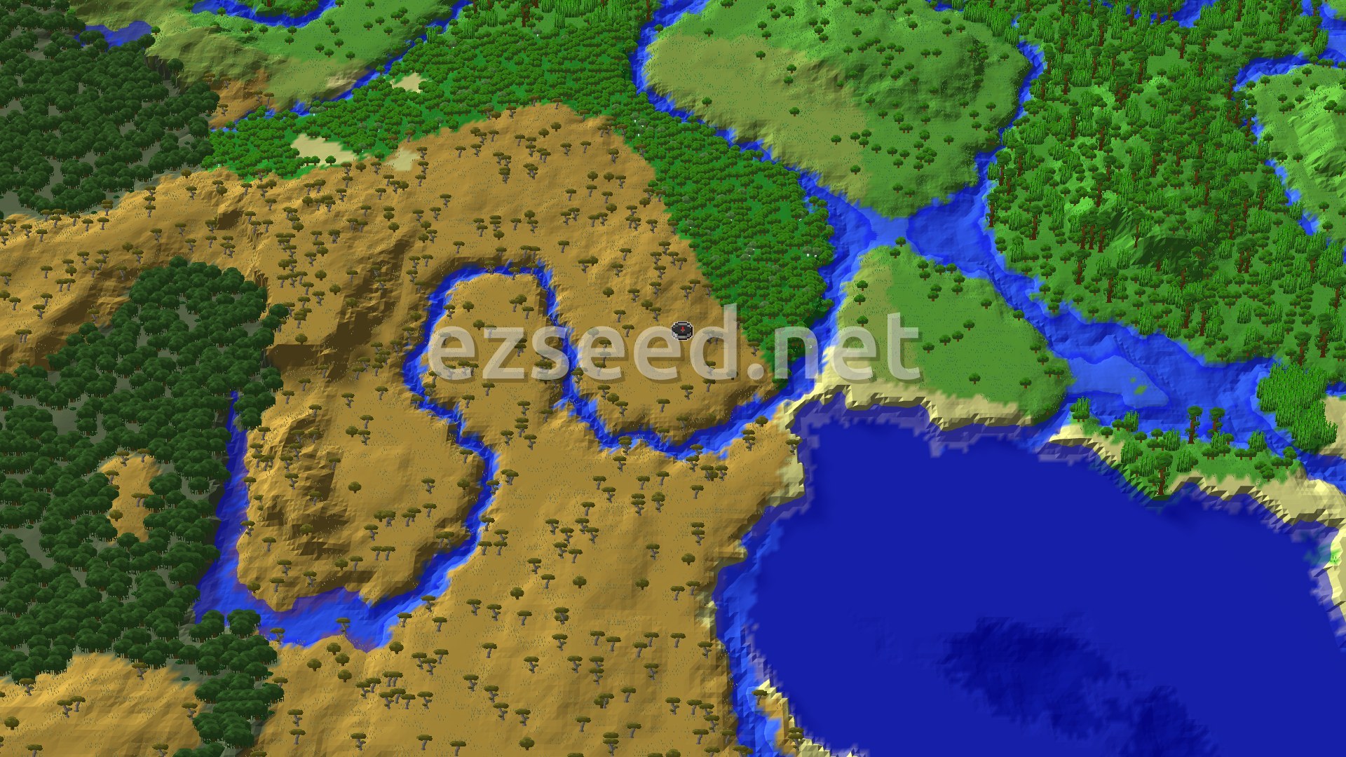 An aerial 3D view of a varied landscape, showing a large savanna biome with scattered acacia trees, bordered by a dense forest and winding rivers, leading to a coastline and ocean.