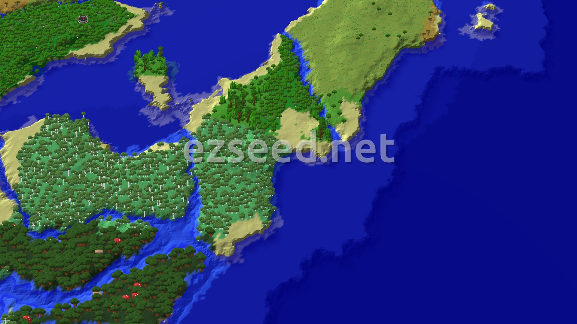 An overhead view of a diverse island landscape, featuring dense forests, sandy beaches, and dark blue oceans, with a small spawn marker in the upper left forest.
