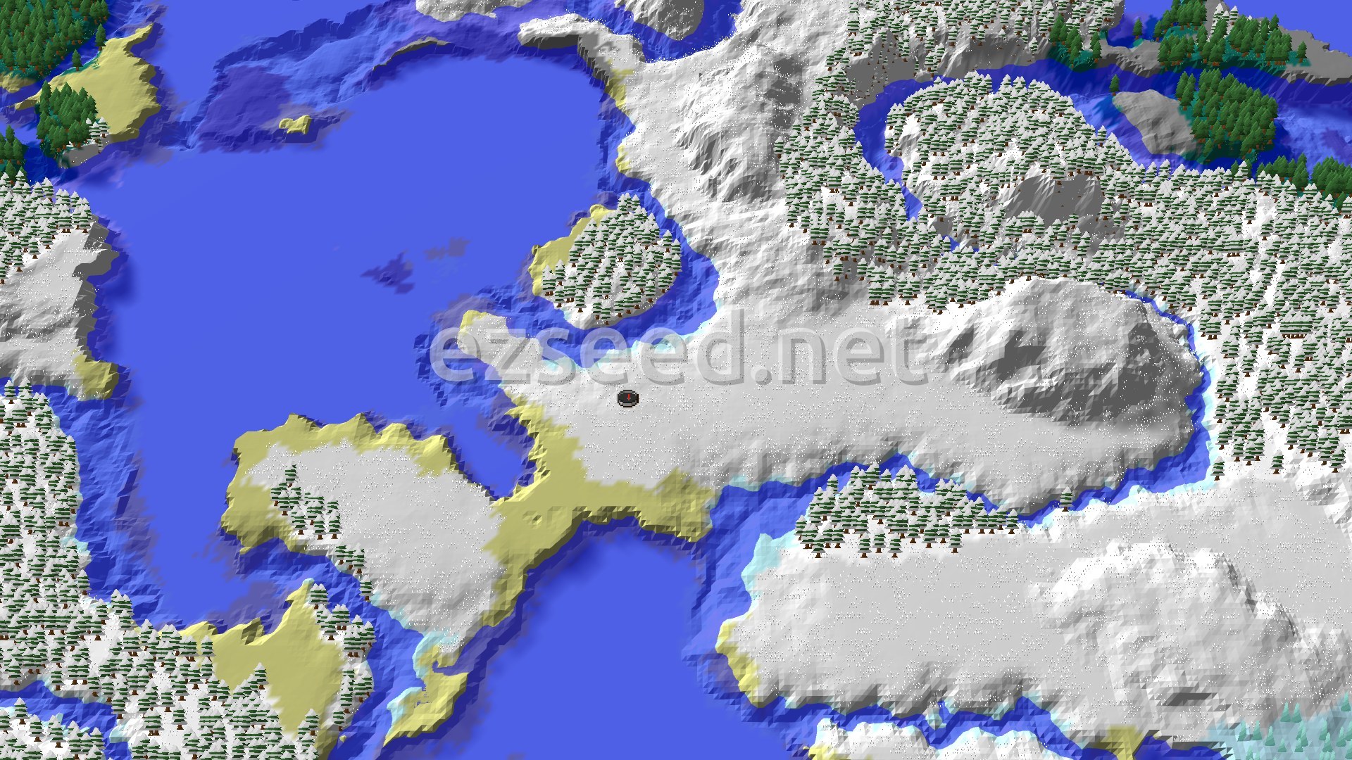 Aerial Minecraft seed map — Snowy Plains Spawn with Nearby Village and Trial Chambers