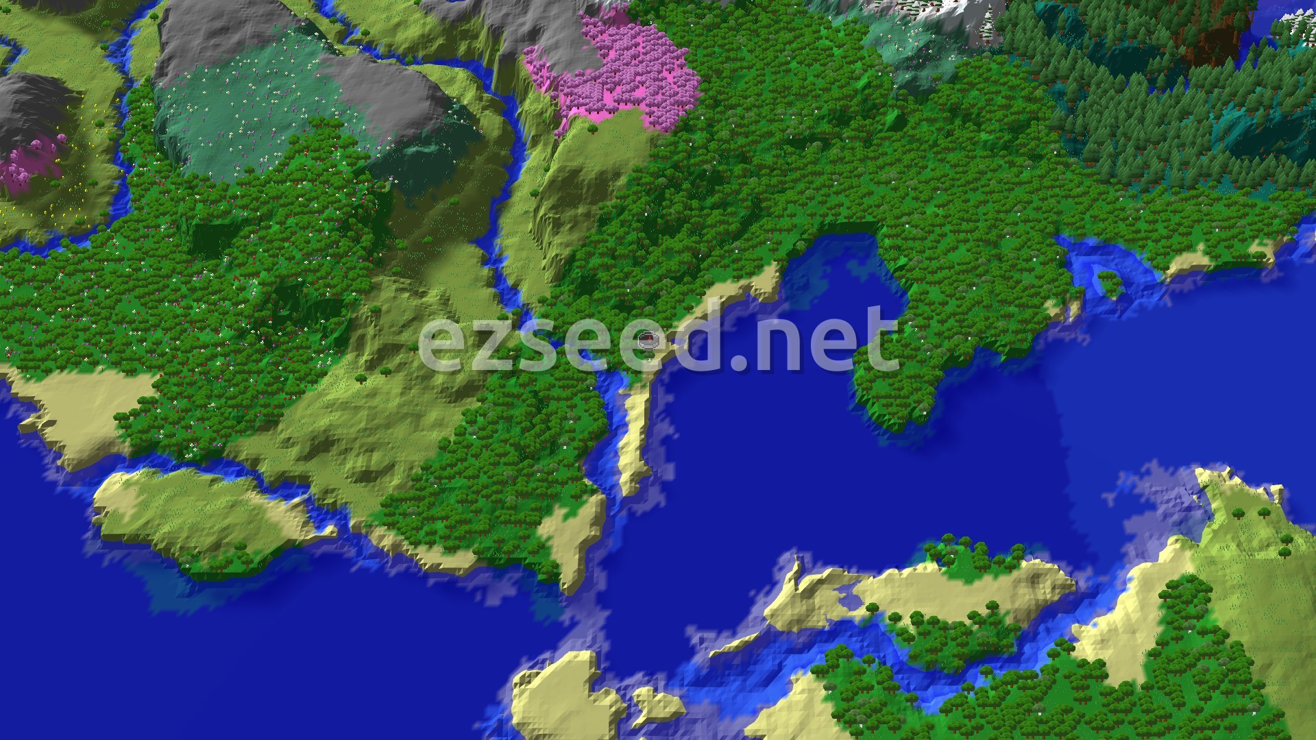 An overhead view of a diverse landscape featuring a mix of forest, plains, and water, with a small spawn marker in the center.
