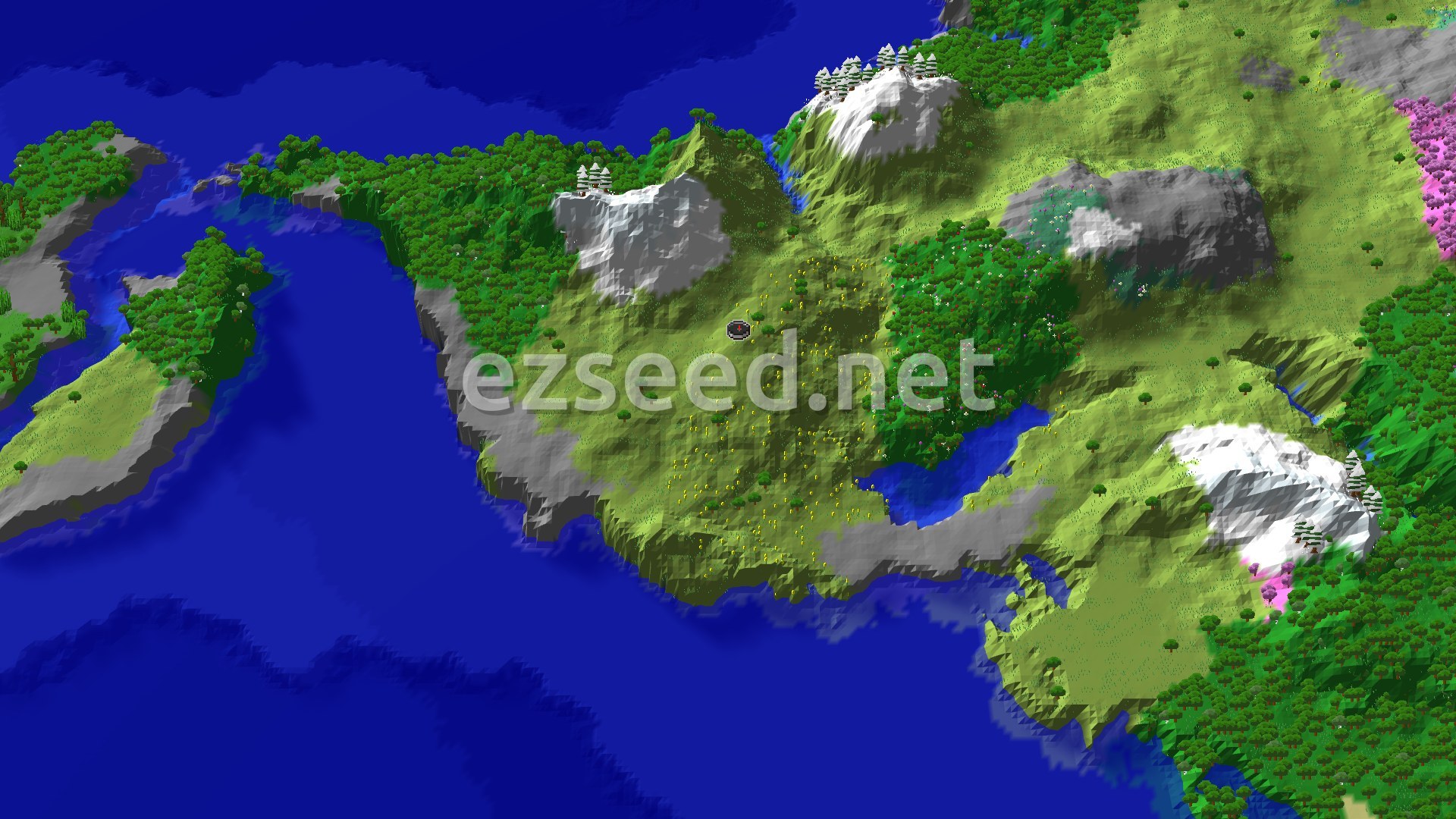 Aerial Minecraft seed map — Spawn in a Sunflower Plains, Nearby Mountains