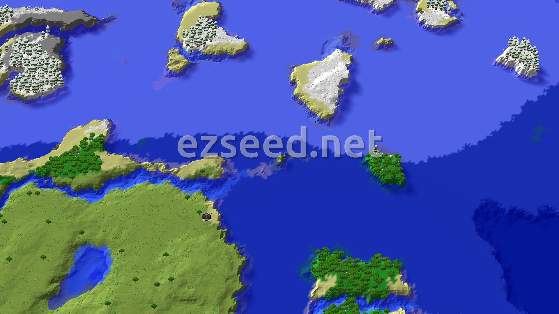 An aerial view of a flat plains biome with patches of cold ocean and beach, transitioning into a vast frozen ocean in the distance. A small marker indicates the spawn point.
