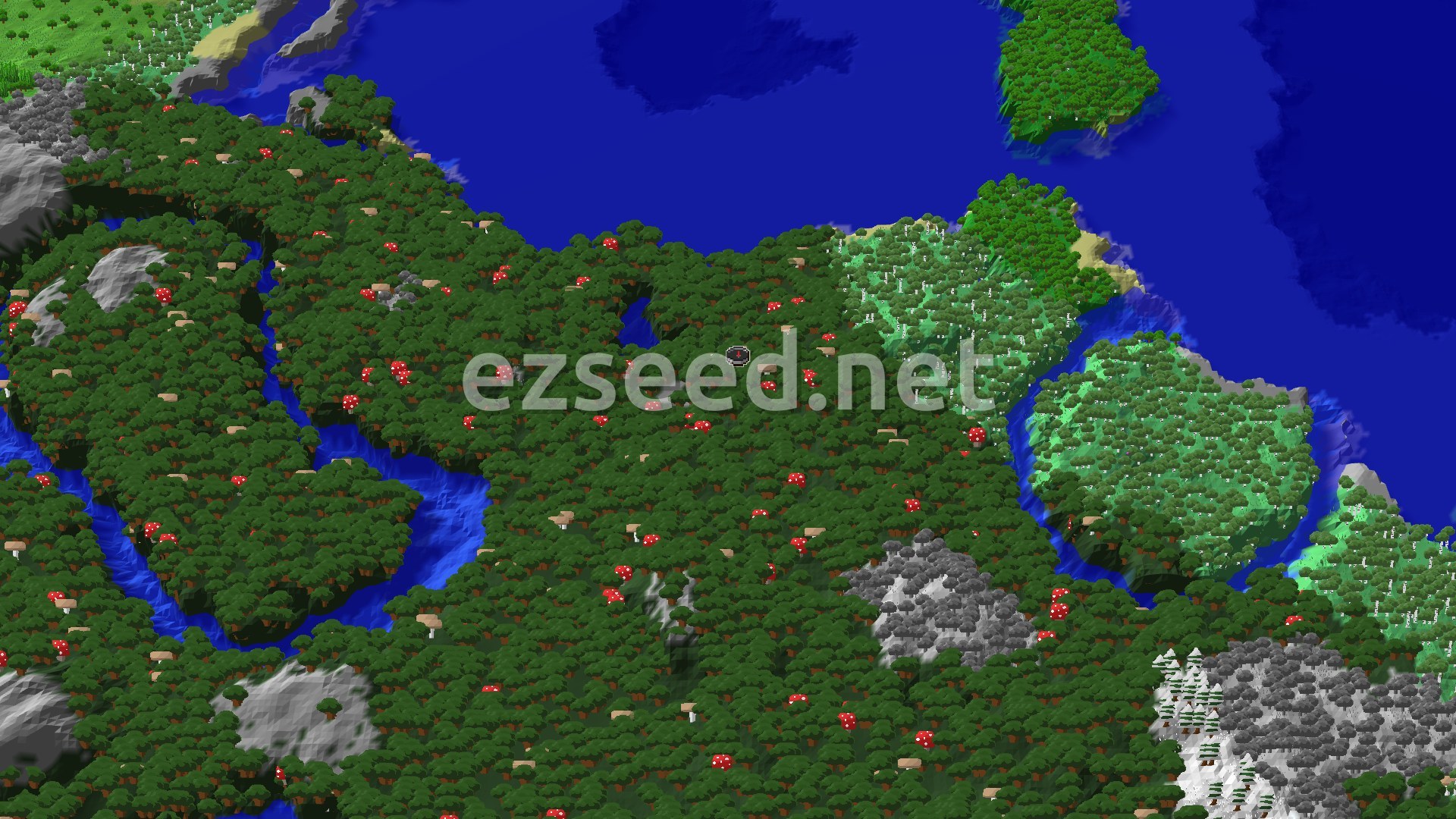 An aerial view of a dense Dark Forest surrounding a small spawn marker, with patches of lighter Old Growth Birch Forest and distant ocean visible.