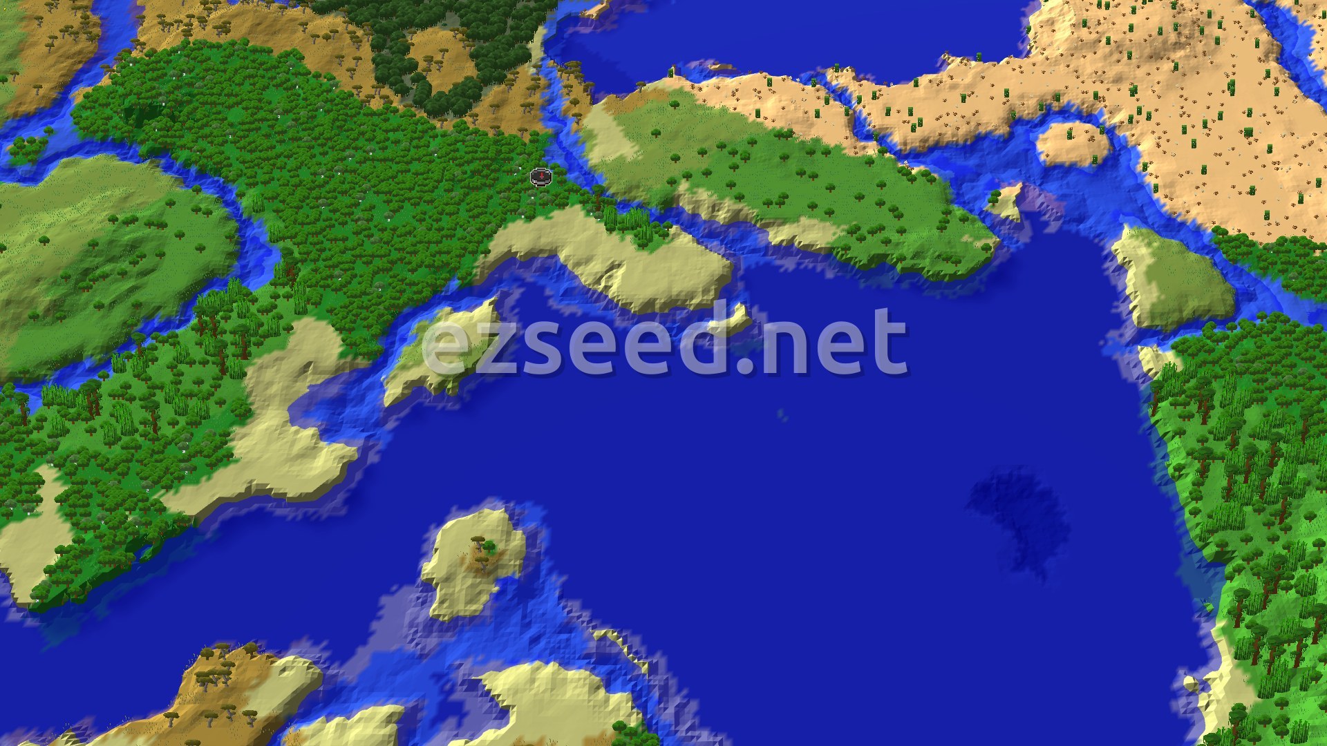 An aerial view of a varied landscape featuring a large forest, a winding river, sandy beaches, and a wide ocean with small islands. A marker indicates the spawn point within the forest.