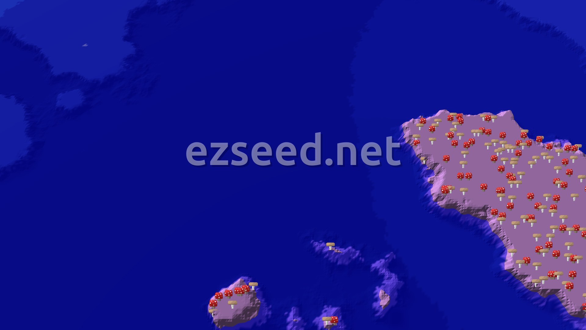 A 3D fly-over of a large Mushroom Fields island covered in huge red and brown mushrooms, surrounded by deep blue ocean. Smaller mushroom islands are visible to the south and west.