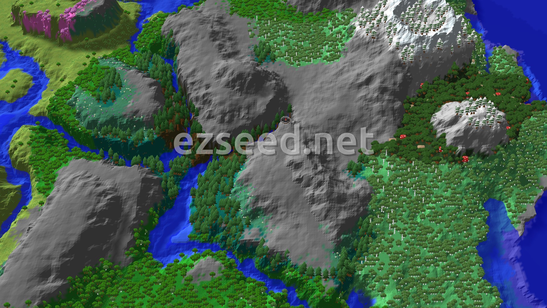 Aerial Minecraft seed map — Deep Taiga Mountains with Nearby Ancient City
