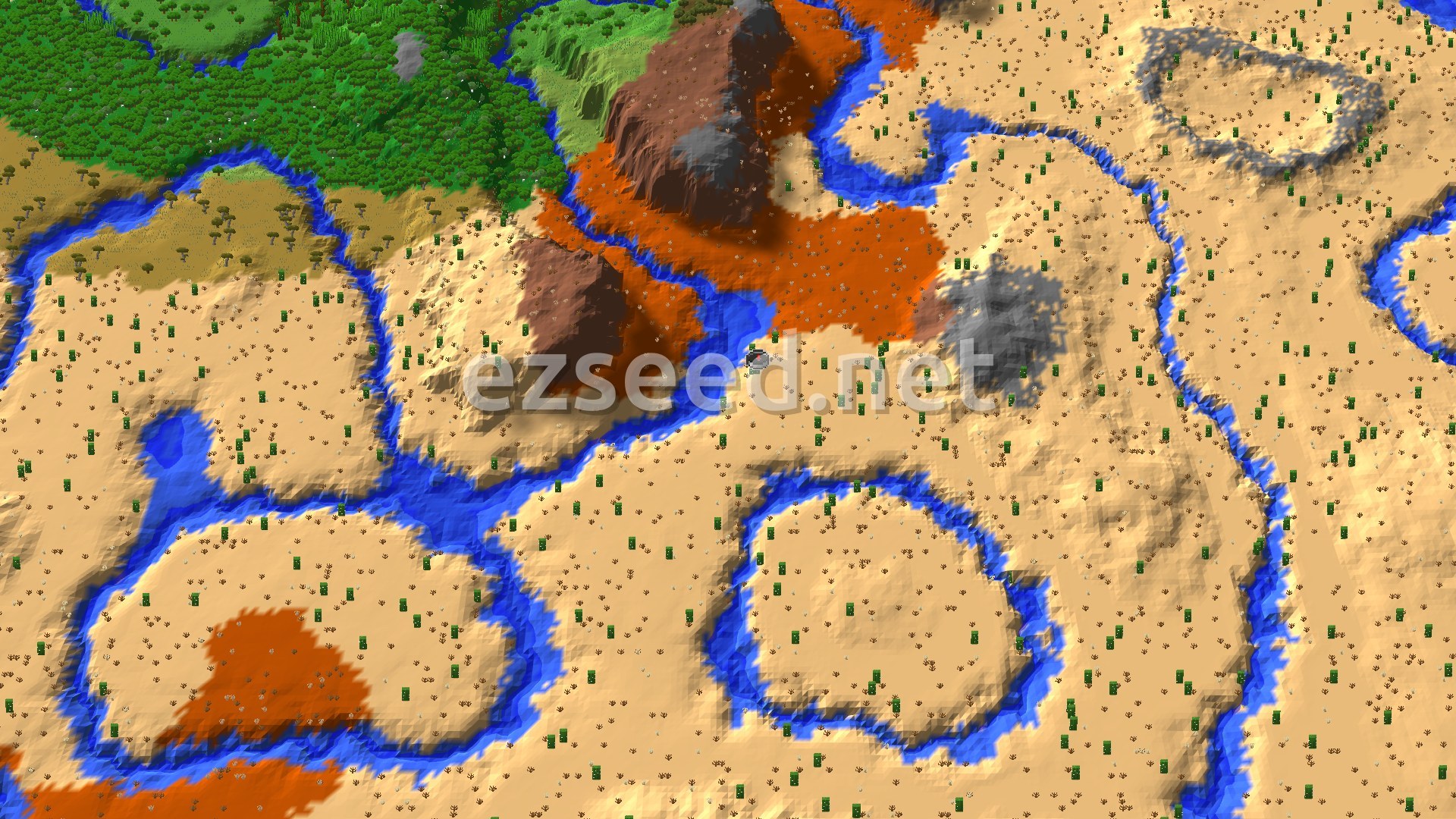 An aerial view of a mostly flat desert landscape with scattered cacti and winding rivers, bordered by a dense green forest and colorful badlands.