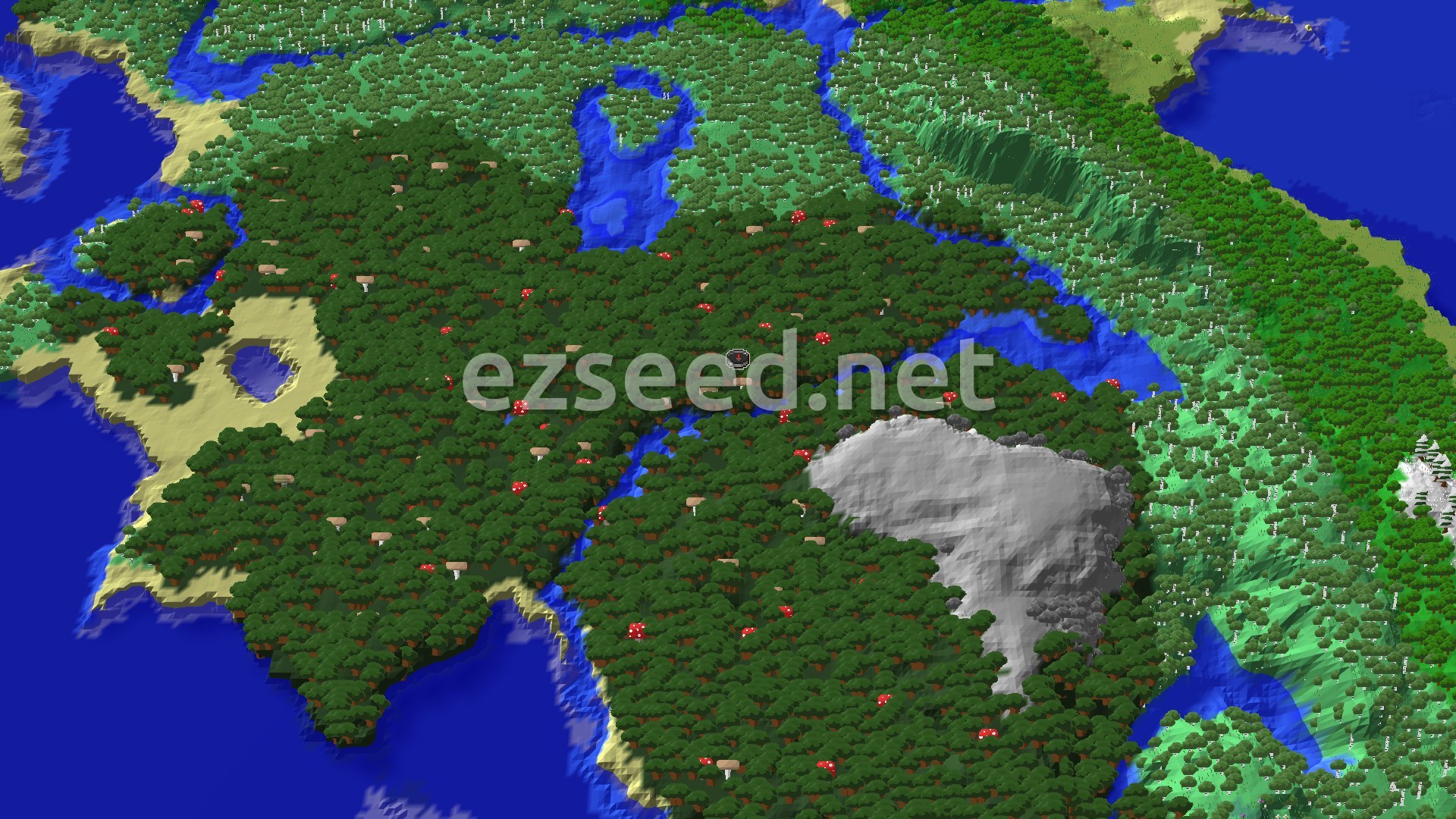 An aerial view of a heavily forested landscape, primarily Dark Forest, with winding rivers and some lighter birch and beach areas. A small spawn marker sits in the center of the dark trees.