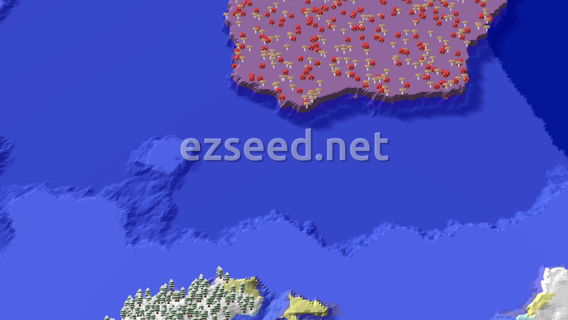 A 3D aerial view of a snowy taiga landscape with evergreen trees, bordered by a vast ocean, and a distant mushroom fields biome.