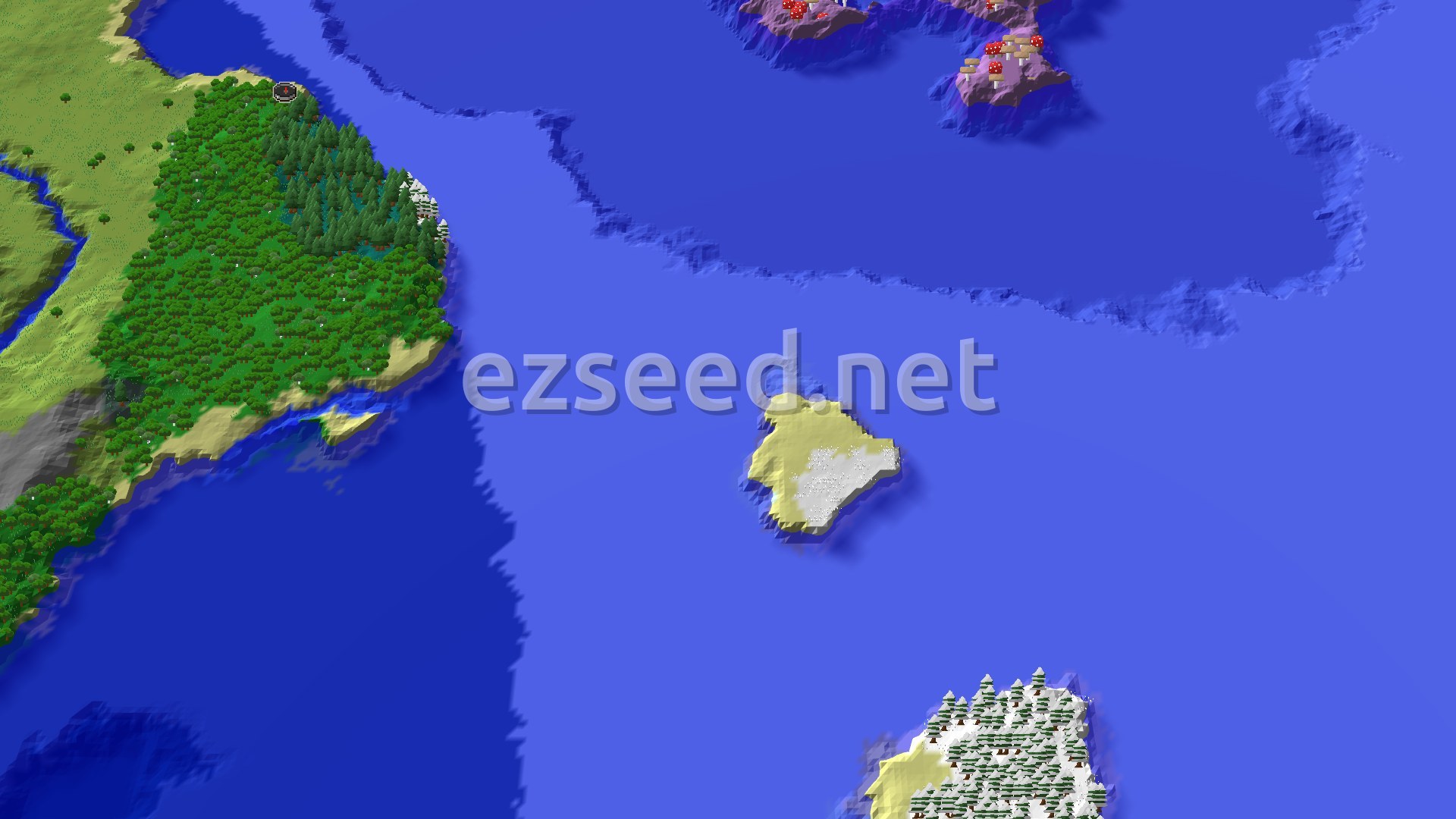 Aerial Minecraft seed map — Taiga Spawn With Close Ancient City and Mushroom Fields