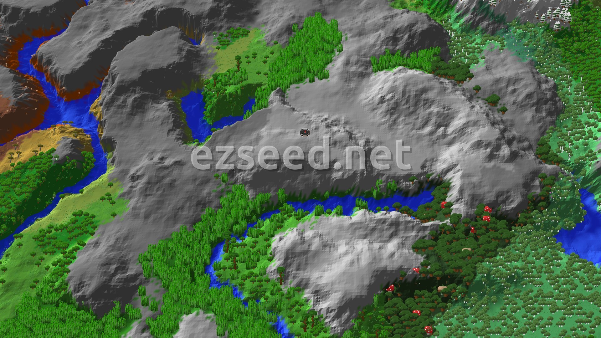 A 3D overhead view of a mountainous, green landscape with winding blue rivers and patches of red-capped mushrooms. A small spawn marker sits on a grey peak.