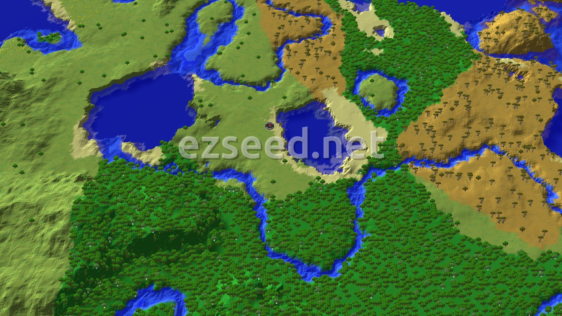 An aerial view of a plains and savanna landscape with a small lake, dense forests, and gentle hills.