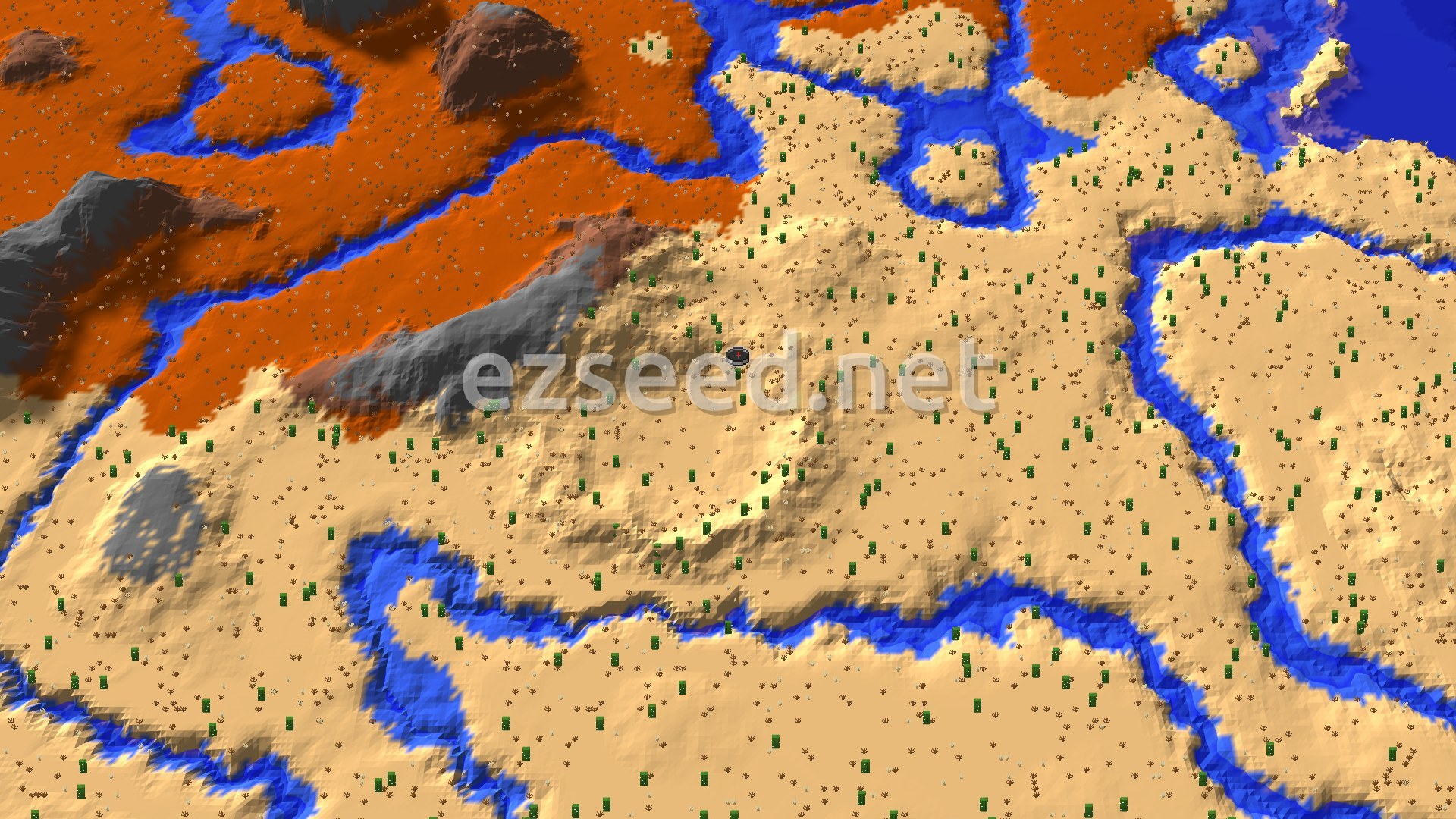 Aerial Minecraft seed map — Desert with Nearby Badlands and Many Structures