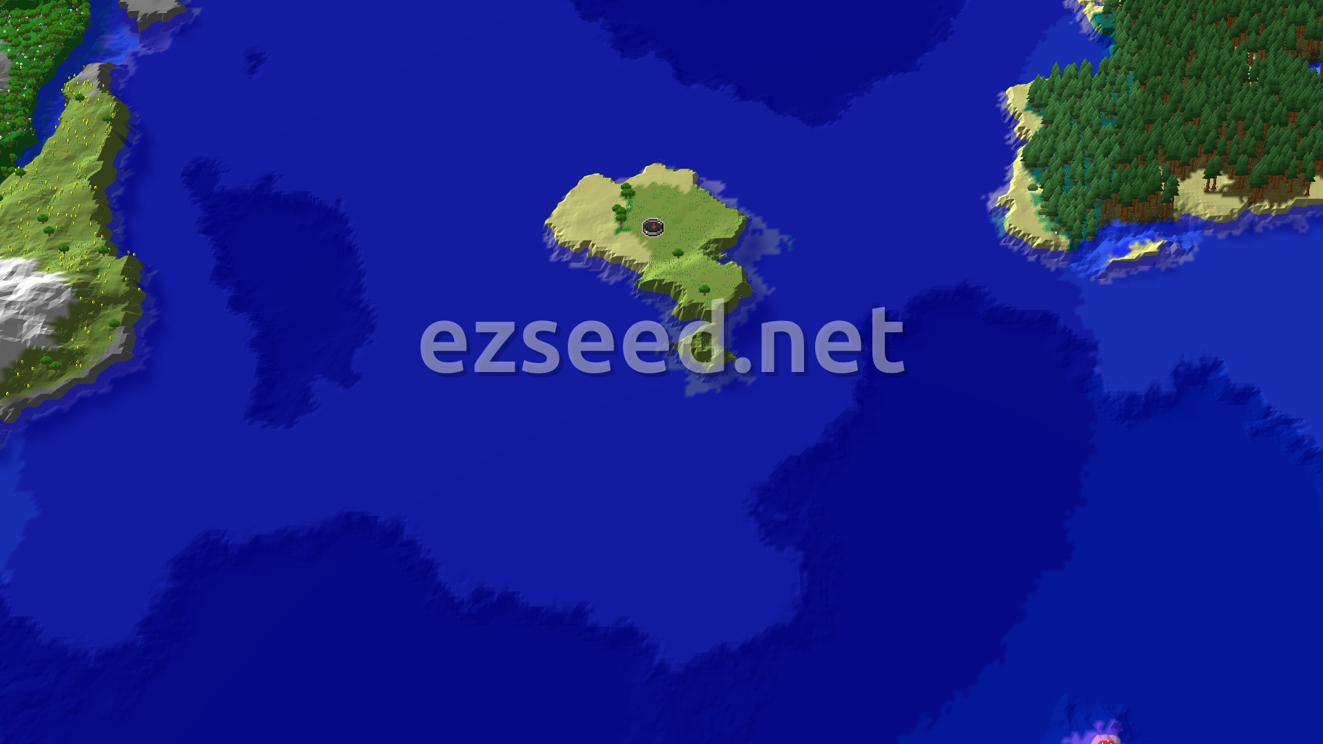 An aerial view of a small, mostly flat green island surrounded by vast blue ocean, with other larger landmasses visible in the distance.