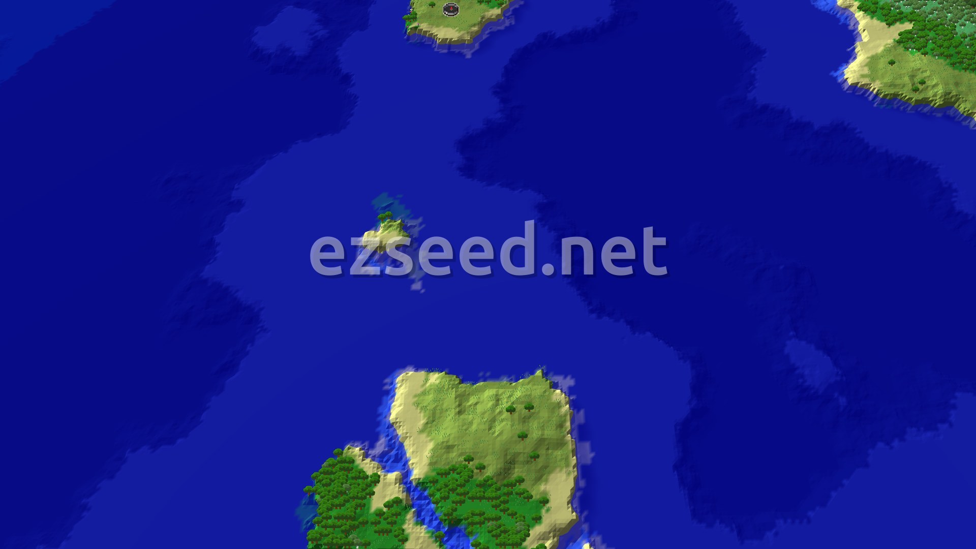 A bird's-eye view of a flat plains biome at spawn, surrounded by forests, oceans, and a small flower forest patch.
