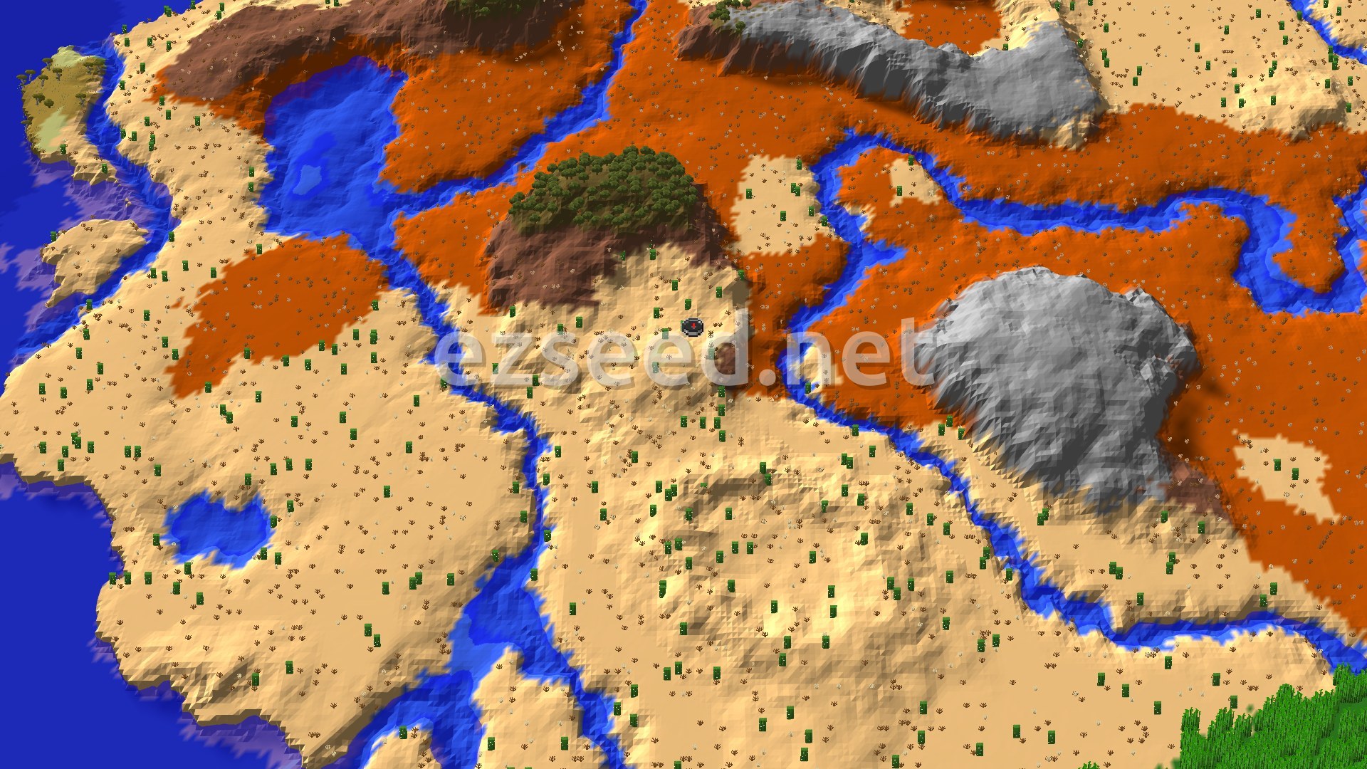 An aerial view shows a desert expanse with patches of wooded badlands and a river winding through the dry terrain.
