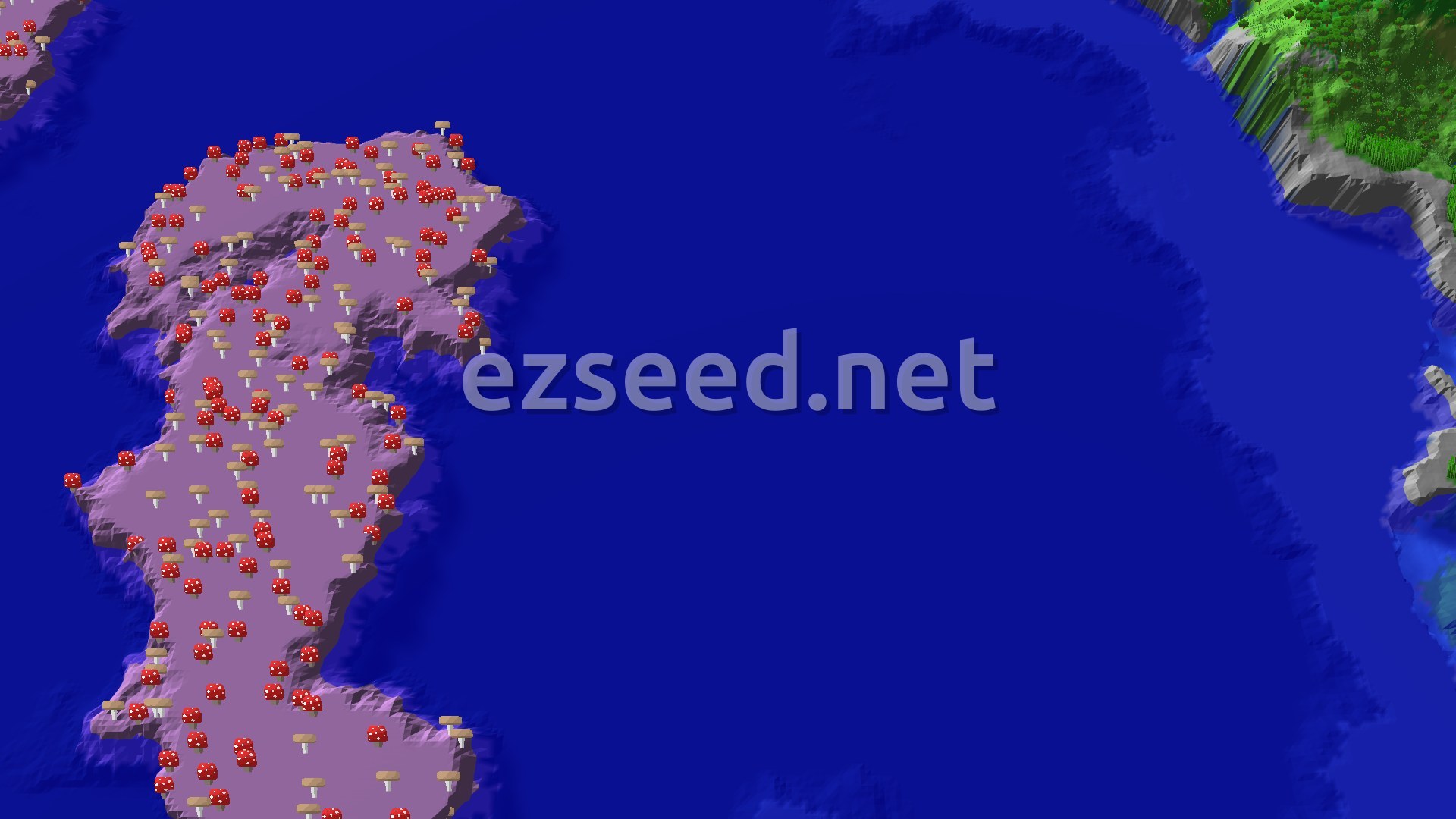 A 3D render showing a large island covered in red mushrooms in the foreground, with blue ocean stretching to a green and grey mainland in the distance.