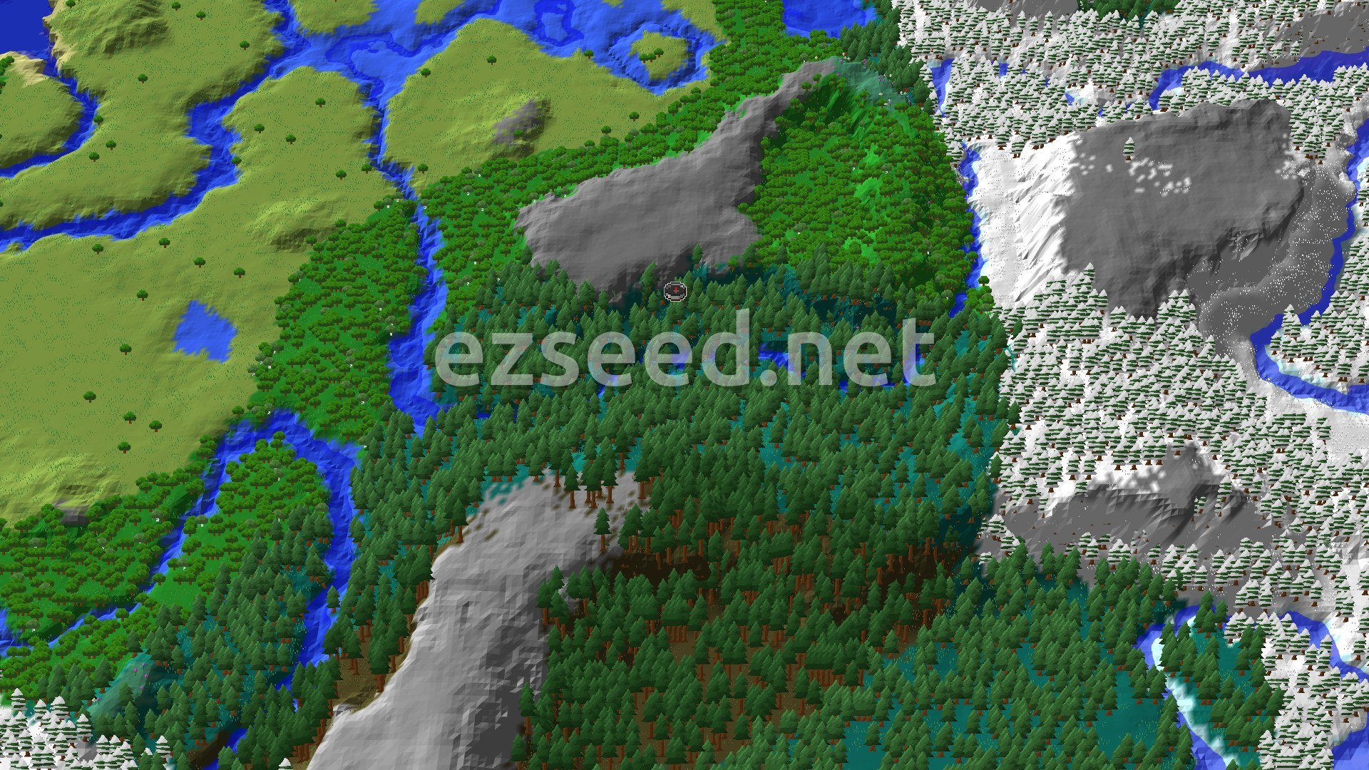 A 3D fly-over of a dense taiga forest around the spawn point, transitioning to snowy mountains and a river system.