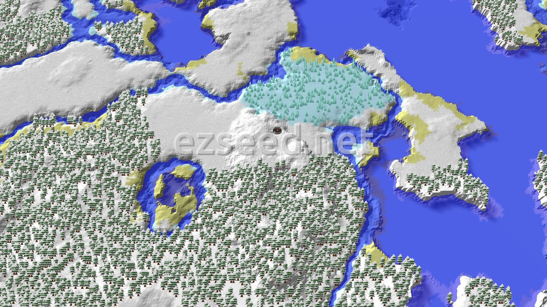 An overhead 3D view of a snowy landscape with a mix of evergreen forests, open snowy plains, and frozen water, with a spawn marker in the center.