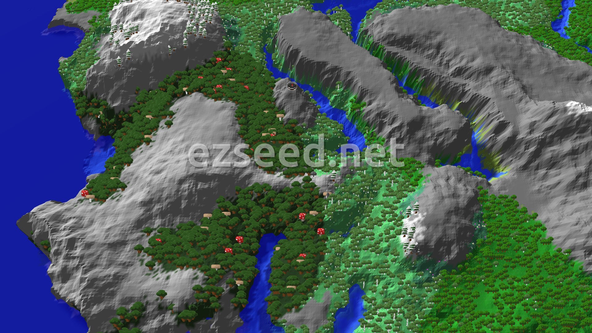 An aerial view of a deep valley, rich with birch trees and dark forest, with higher terrain forming a ring around the low-lying spawn point.
