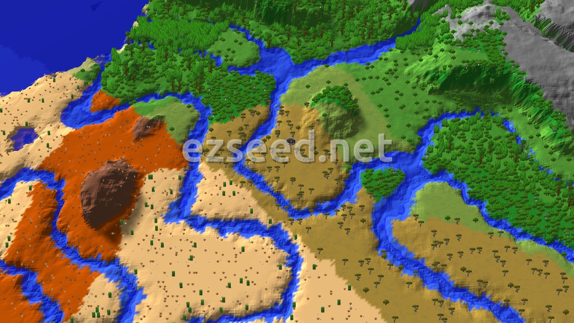 An aerial view of the spawn area, showing a savanna biome with scattered acacia trees, bordered by a river and a desert. Further out are lush green forests and some badlands terrain.
