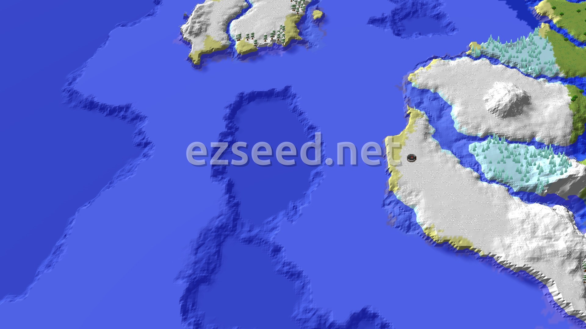 A 3D overhead view of a snow-covered landscape with a large frozen ocean, icy plains, and a few patches of evergreen trees, with a spawn marker on a snowy landmass.