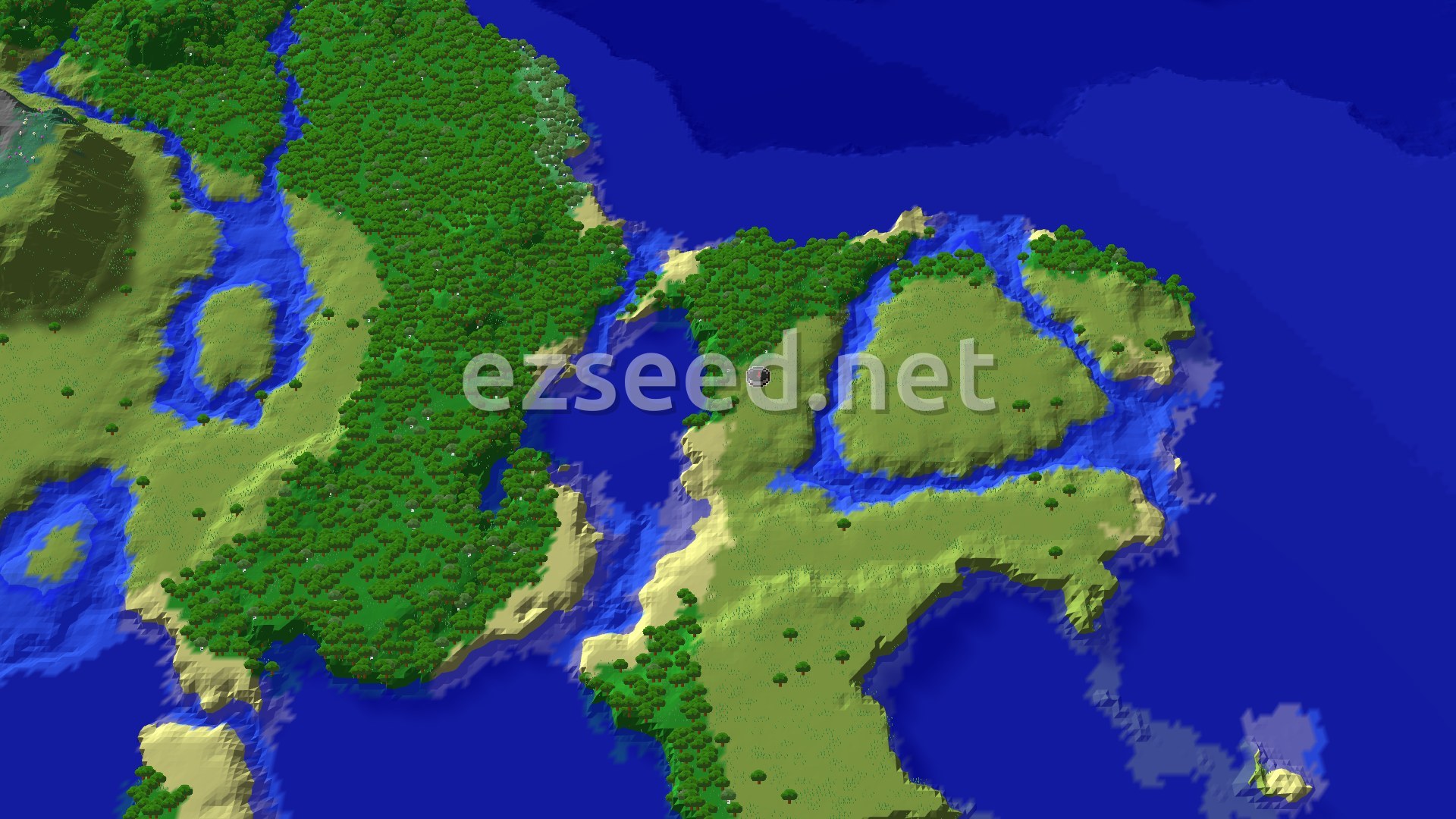 An aerial view of a mostly flat, green landscape dotted with trees, intersected by several rivers and bordered by a large ocean. A small spawn marker is visible near the center.